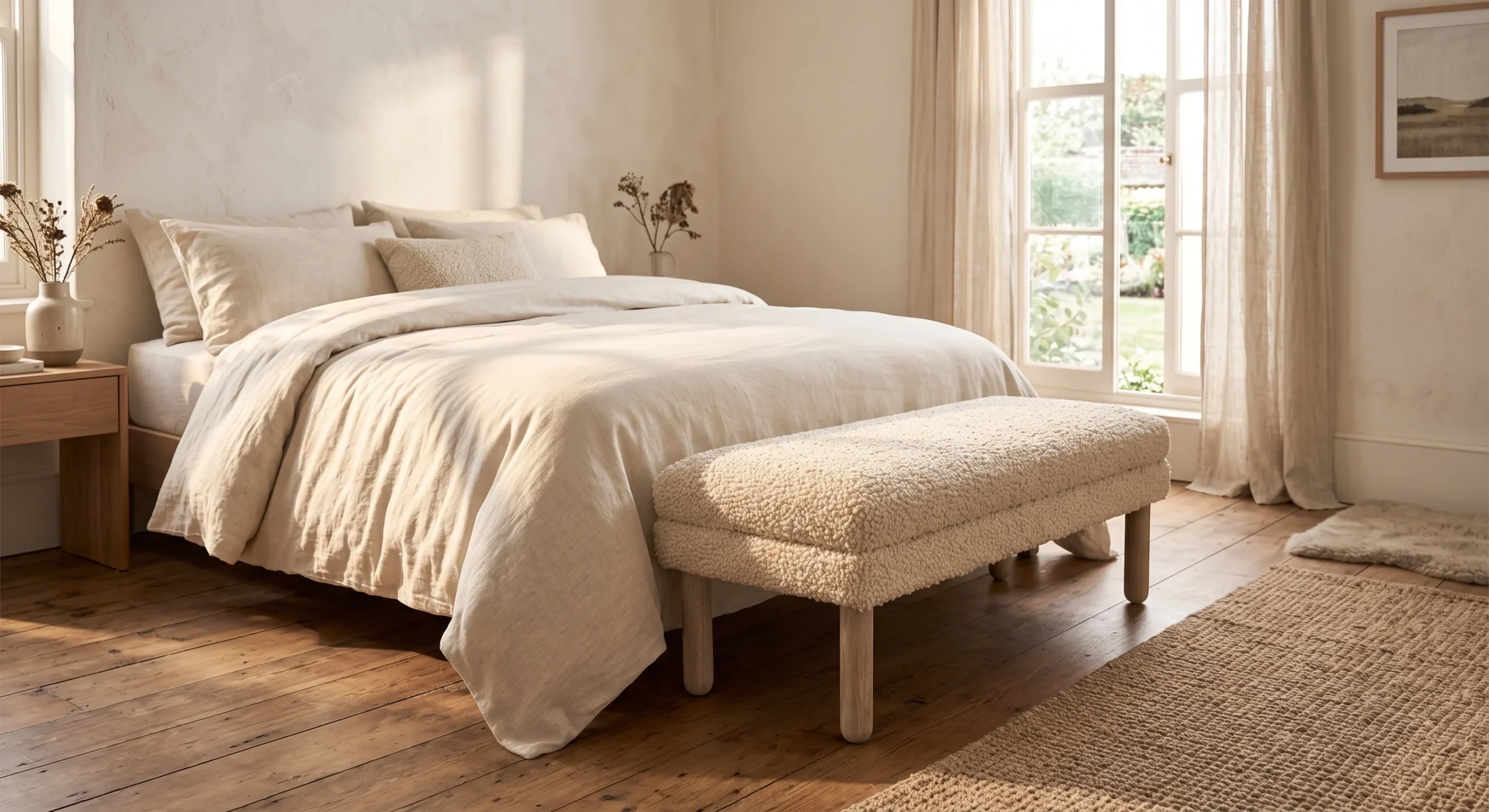 A soft cream linen duvet cover on a neatly made bed, warm natural light emphasizing the fabric's subtle texture and relaxed drape, wide shot capturing the bed as the room's central textural element.