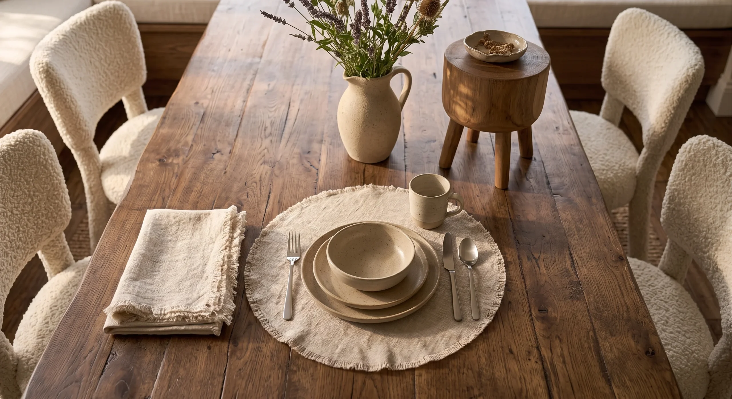 A stack of cream linen napkins beside matching placemats on a wood dining table, soft natural light emphasizing the fabric's texture and slightly frayed edges, close overhead shot capturing the full table setting.