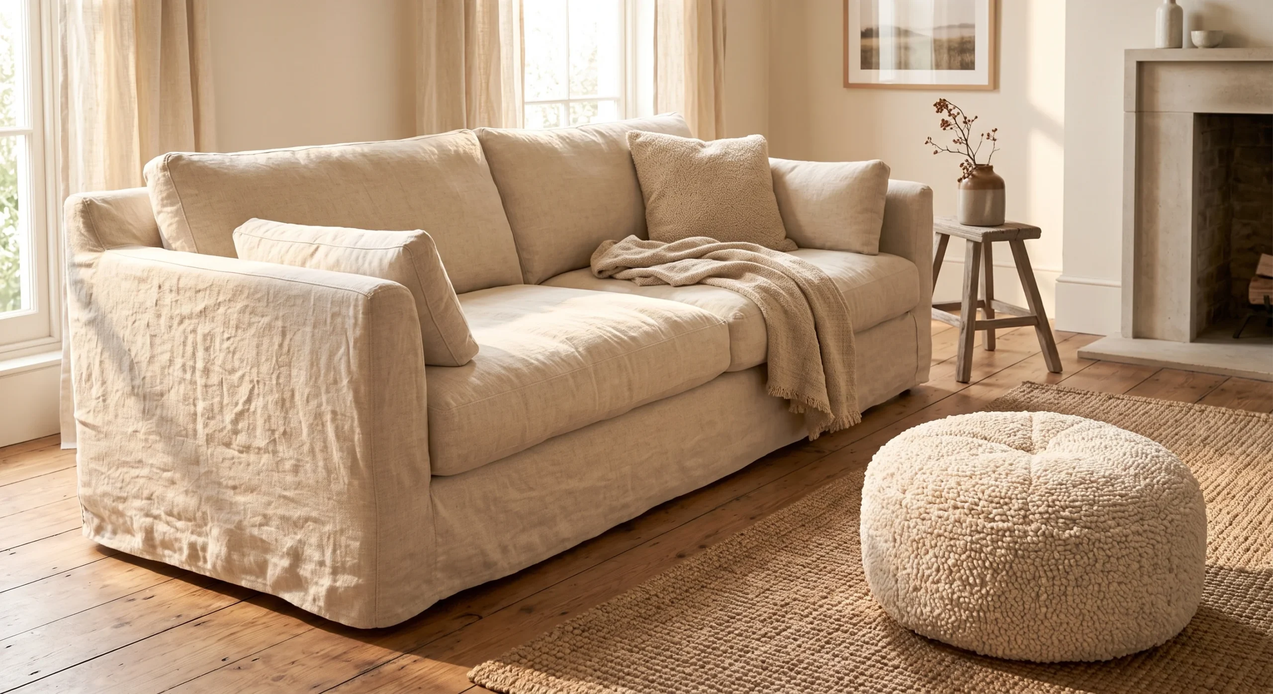 A linen slipcovered sofa in soft cream, gently rumpled fabric catching warm afternoon light, wide shot emphasizing the sofa's relaxed silhouette and the linen's natural, slightly wrinkled texture.