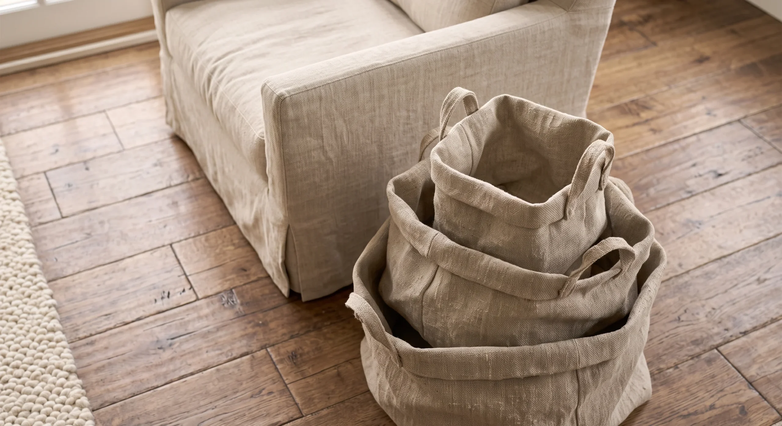Woven linen storage baskets stacked beside a linen armchair, soft natural light emphasizing the fabric's texture and relaxed folded edges, close overhead shot capturing the baskets' soft, collapsible form.