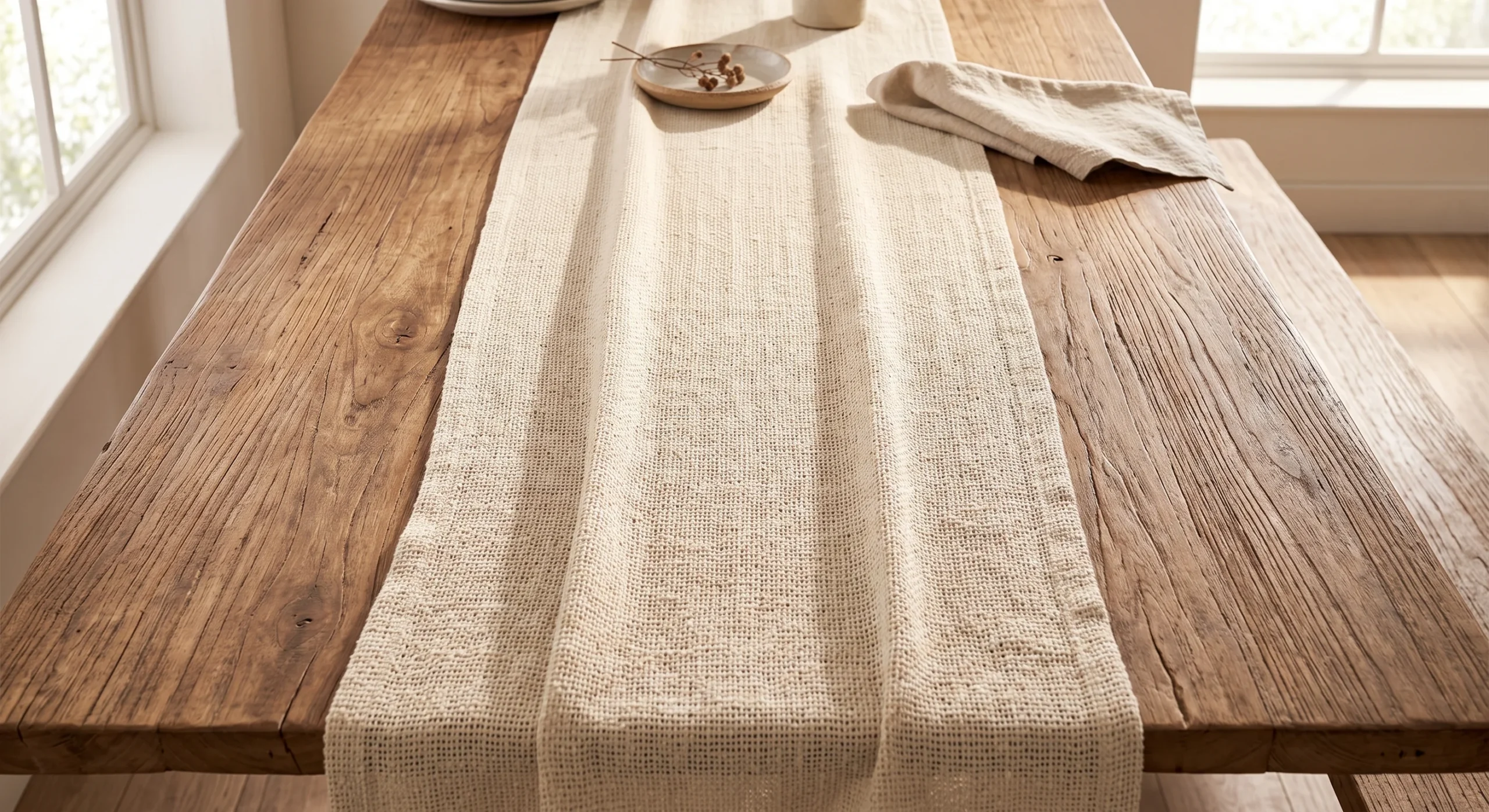 A long cream linen table runner draped over a wood dining table, soft natural light emphasizing the fabric's loose weave and gentle drape, close overhead shot showing the runner's texture against the table's grain.