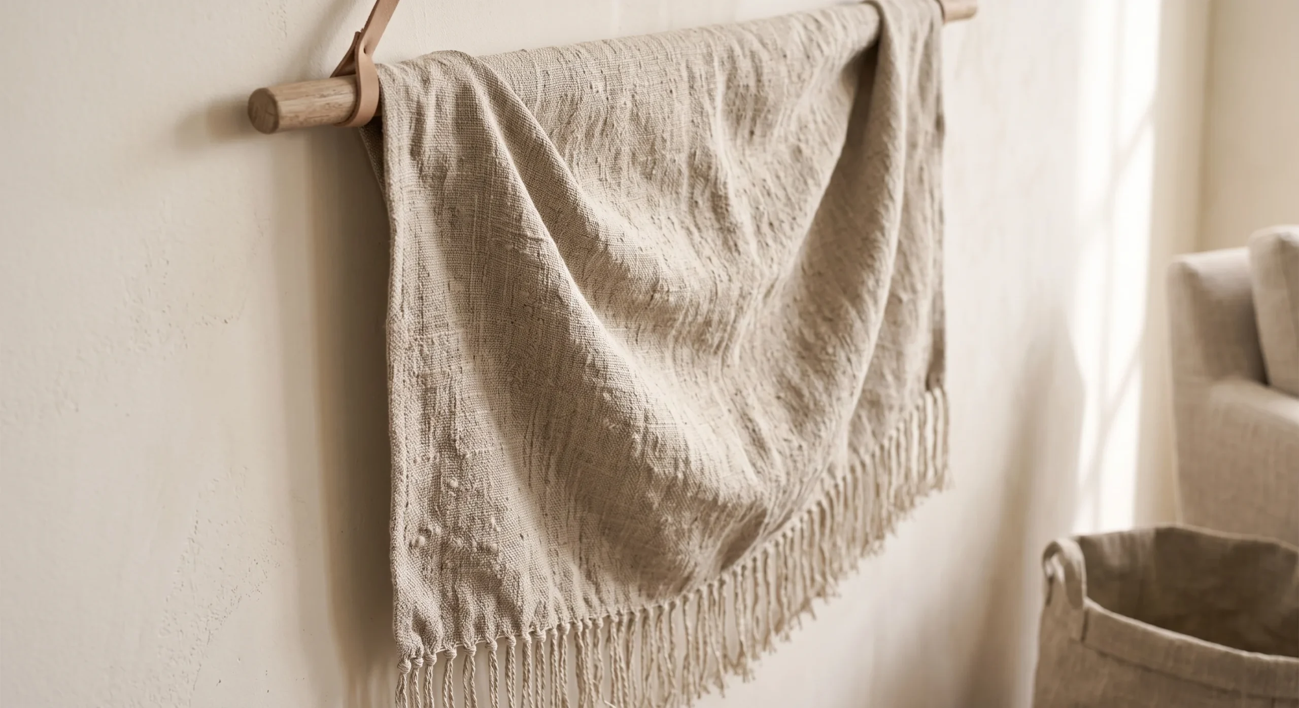A large unbleached linen wall hanging with a simple woven fringe, soft natural light emphasizing the fabric's texture against a plain cream wall, close angled shot capturing the hanging's relaxed, draped form.