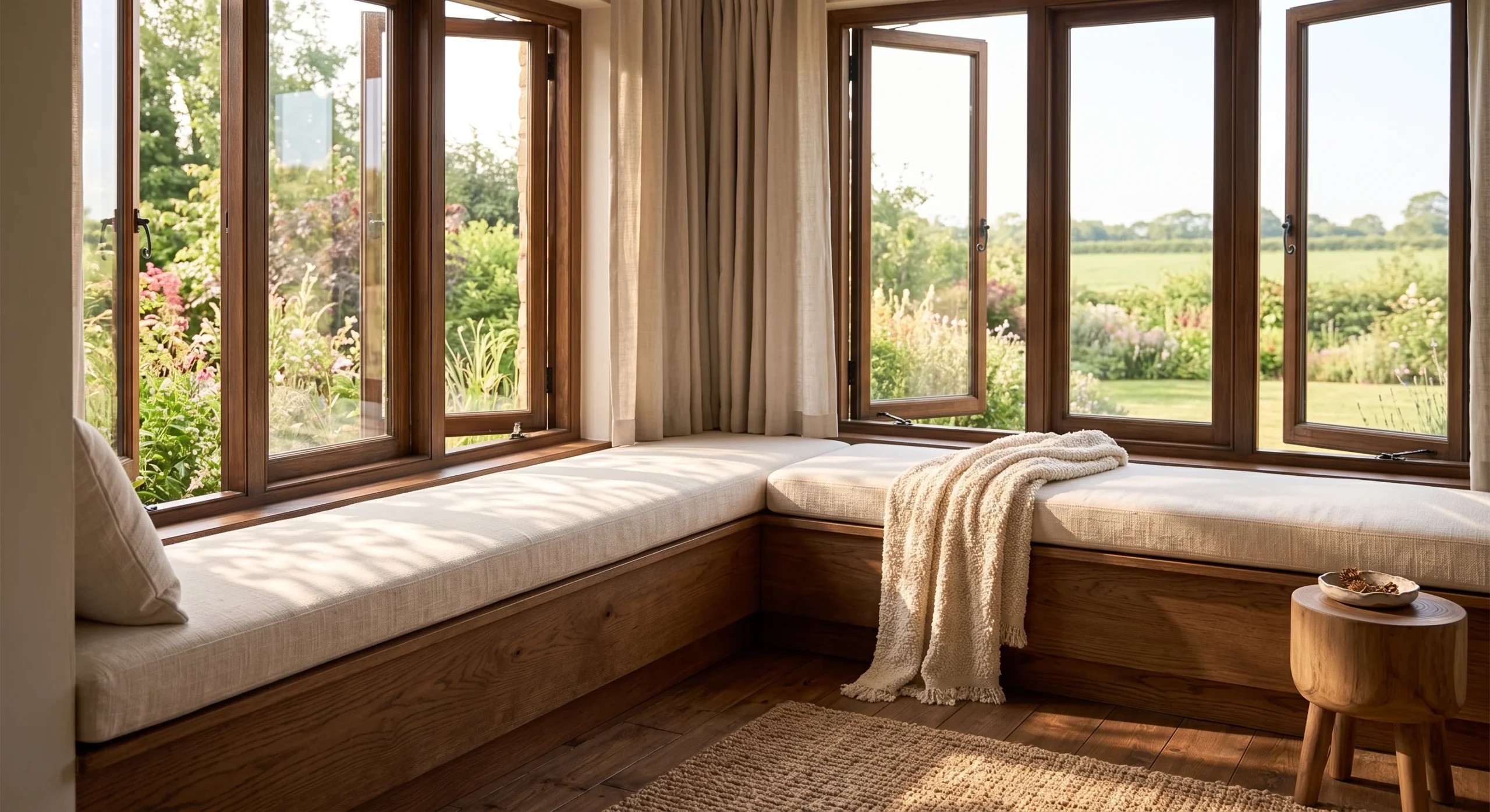 A long linen cushion on a built-in window seat, soft natural light streaming across the fabric's texture, wide shot capturing the cushion against a wood window frame and a view of greenery outside.