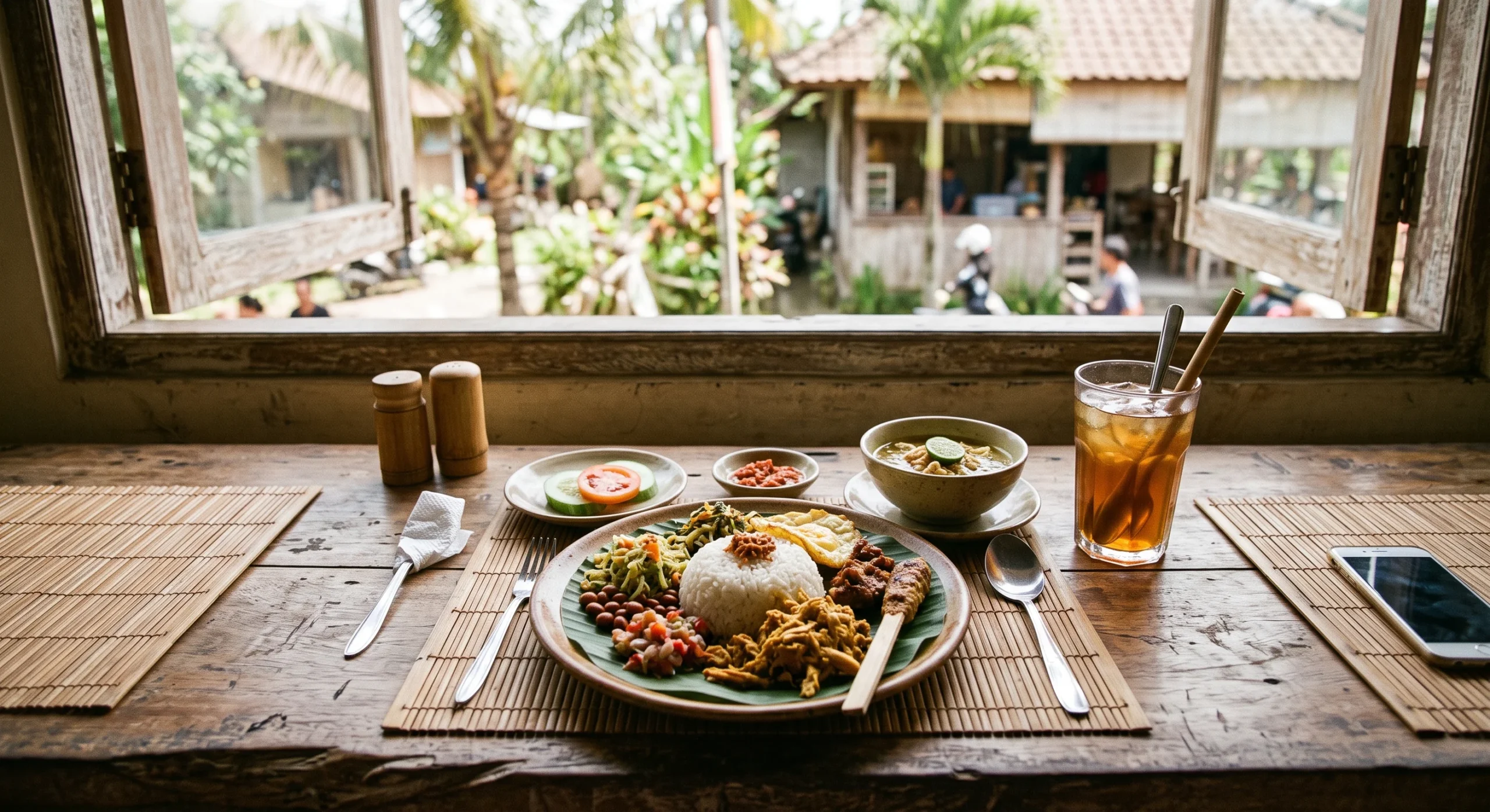 A simple wooden warung table set with a plate of nasi campur, small side dishes, and a glass of iced tea, warm natural daylight through an open-air window, woven placemats, casual and lived-in rather than styled composition.