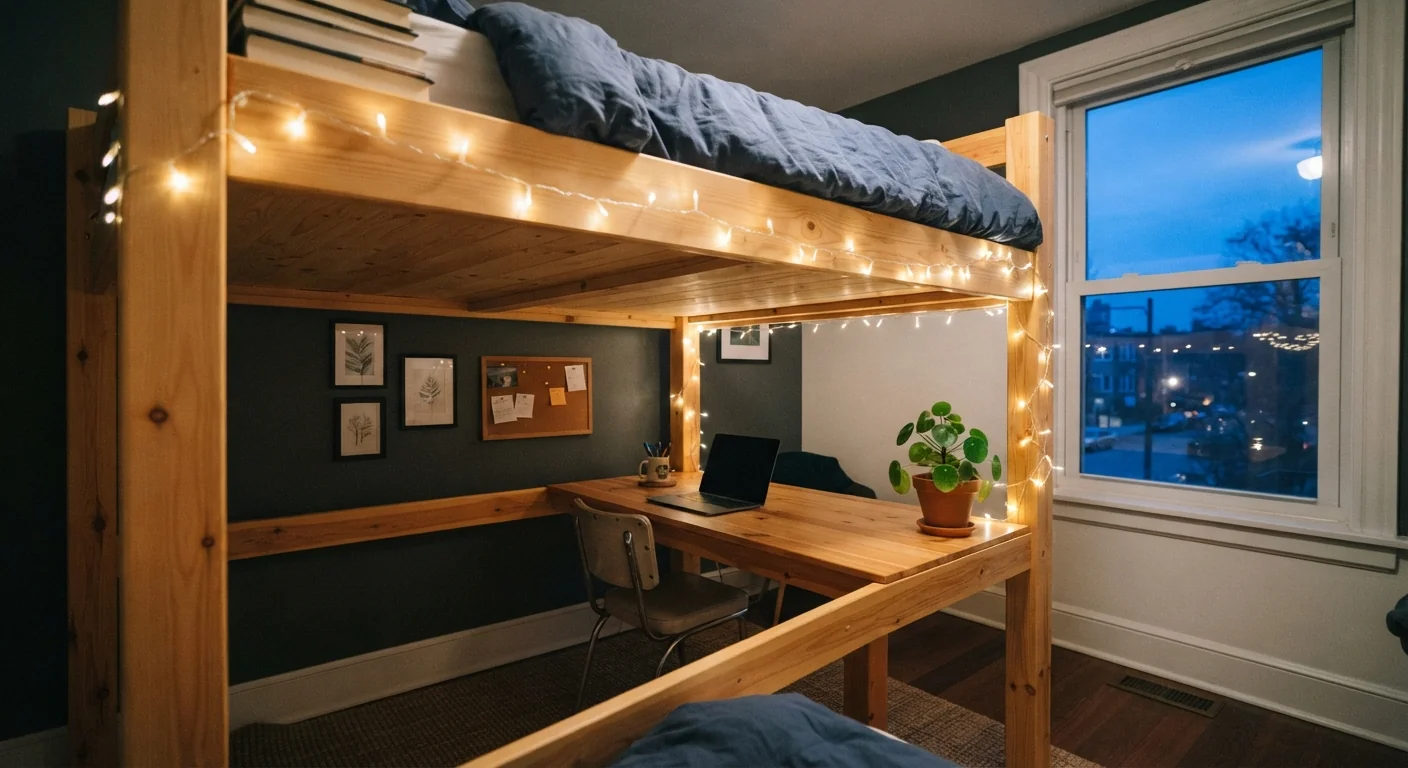 Low-angle shot looking up at a loft bed with a desk built into the space underneath, string lights along the frame, blue-hour dusk light glowing through a nearby window.