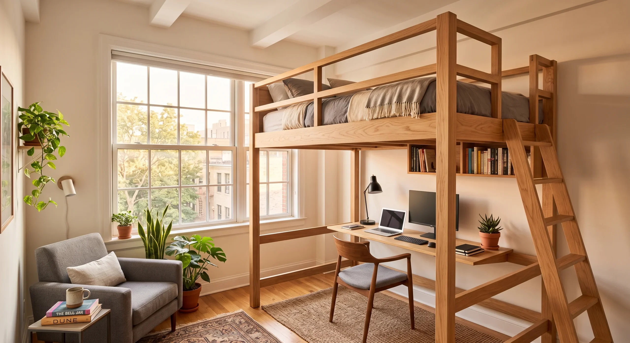 An elevated loft bed frame with a small desk and reading nook tucked beneath it, warm afternoon light through a nearby window, wide interior shot capturing the full vertical structure and the functional zone created underneath.