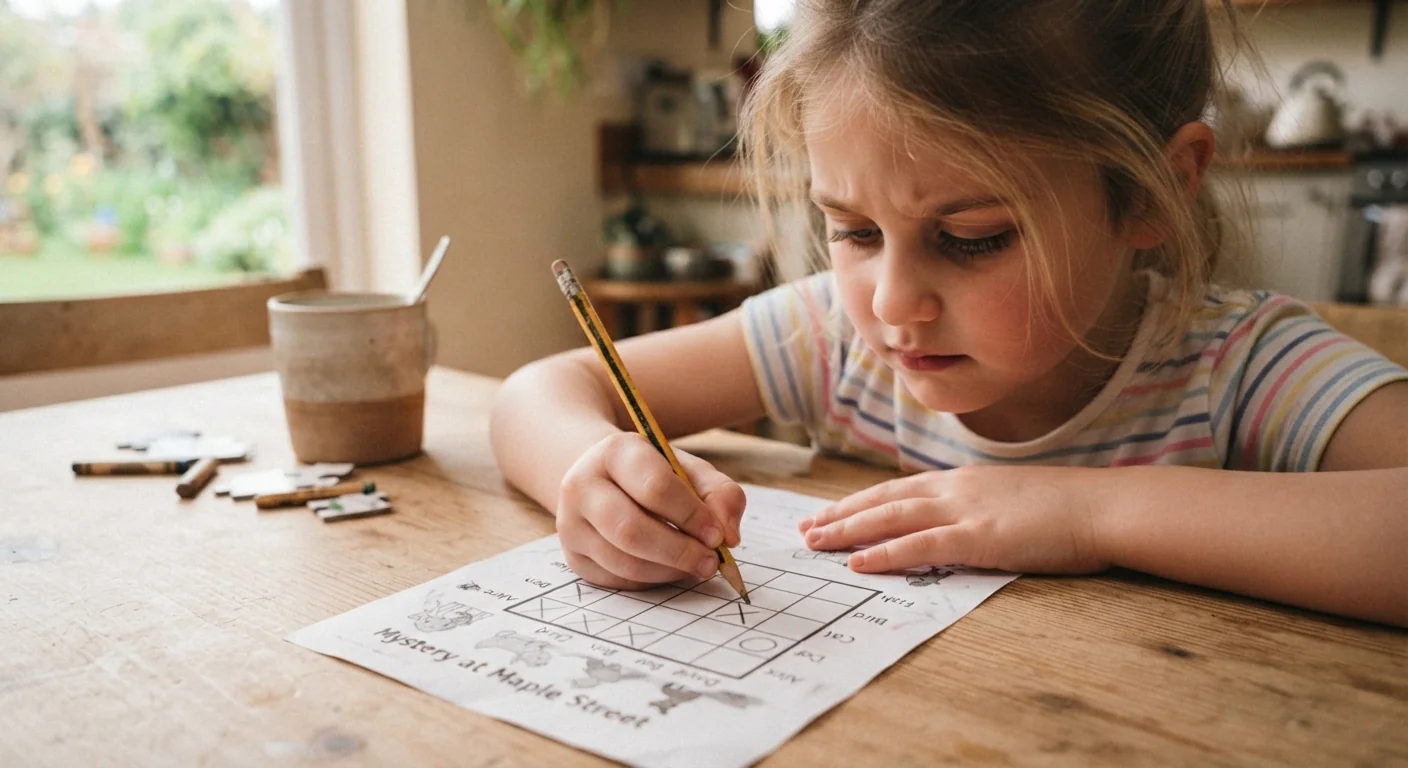 A child working through a small logic grid puzzle at a table, pencil in hand, soft natural light, close angled shot showing the puzzle mid-solve.