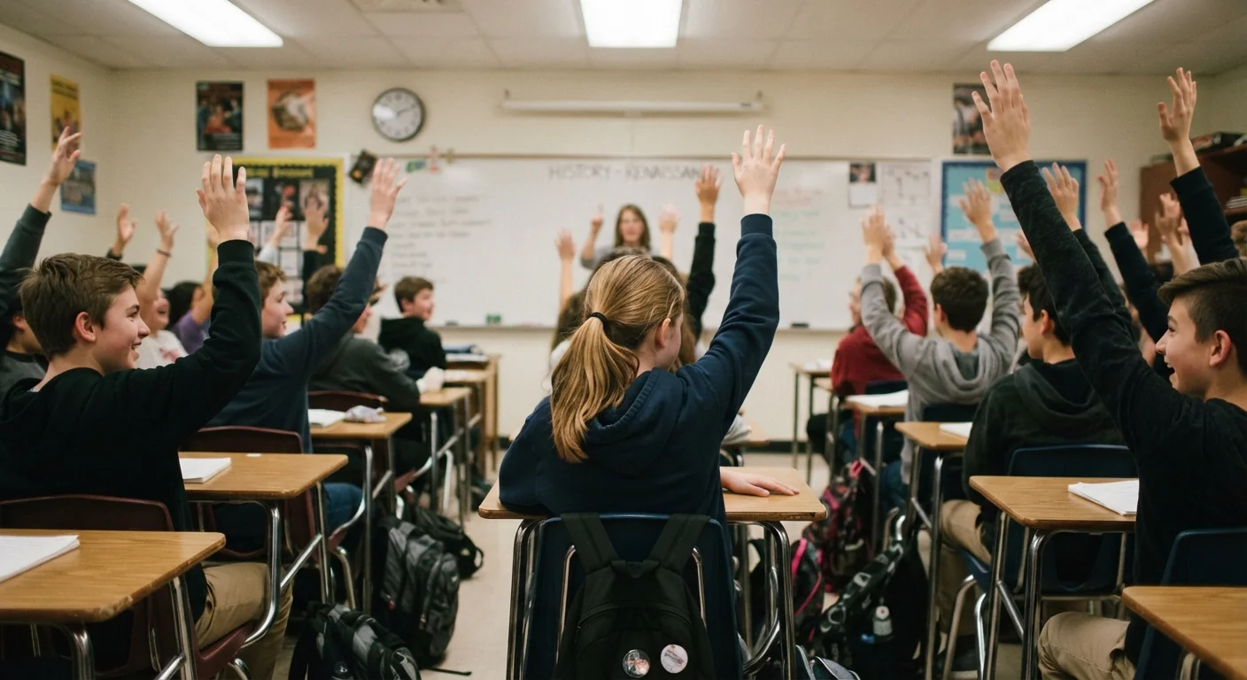 A classroom scene from behind, one student's hand staying down while others reach up around them, soft overhead classroom light, wide establishing shot emphasizing the single lowered hand among raised ones.