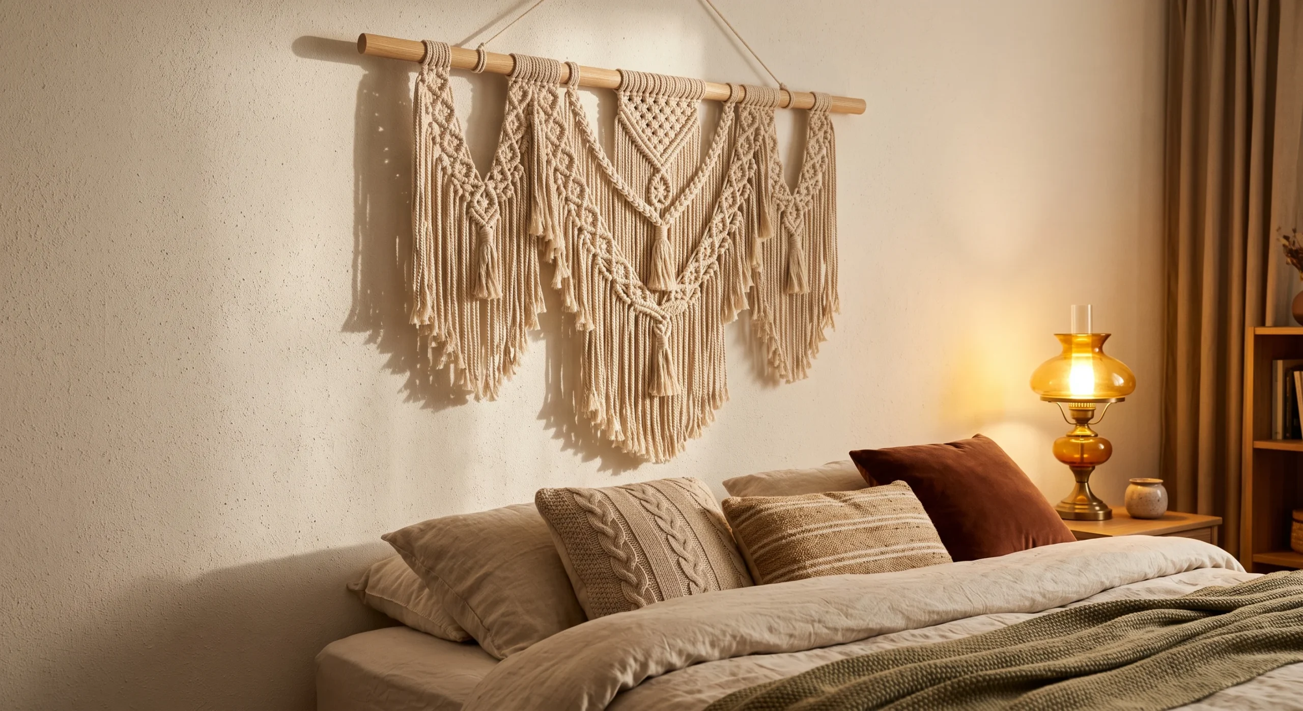A single large neutral cotton macrame hanging positioned off-center above a bed, warm evening lamp light casting woven shadow patterns on the wall, cozy bedroom styling, close shot emphasizing texture and shadow detail.