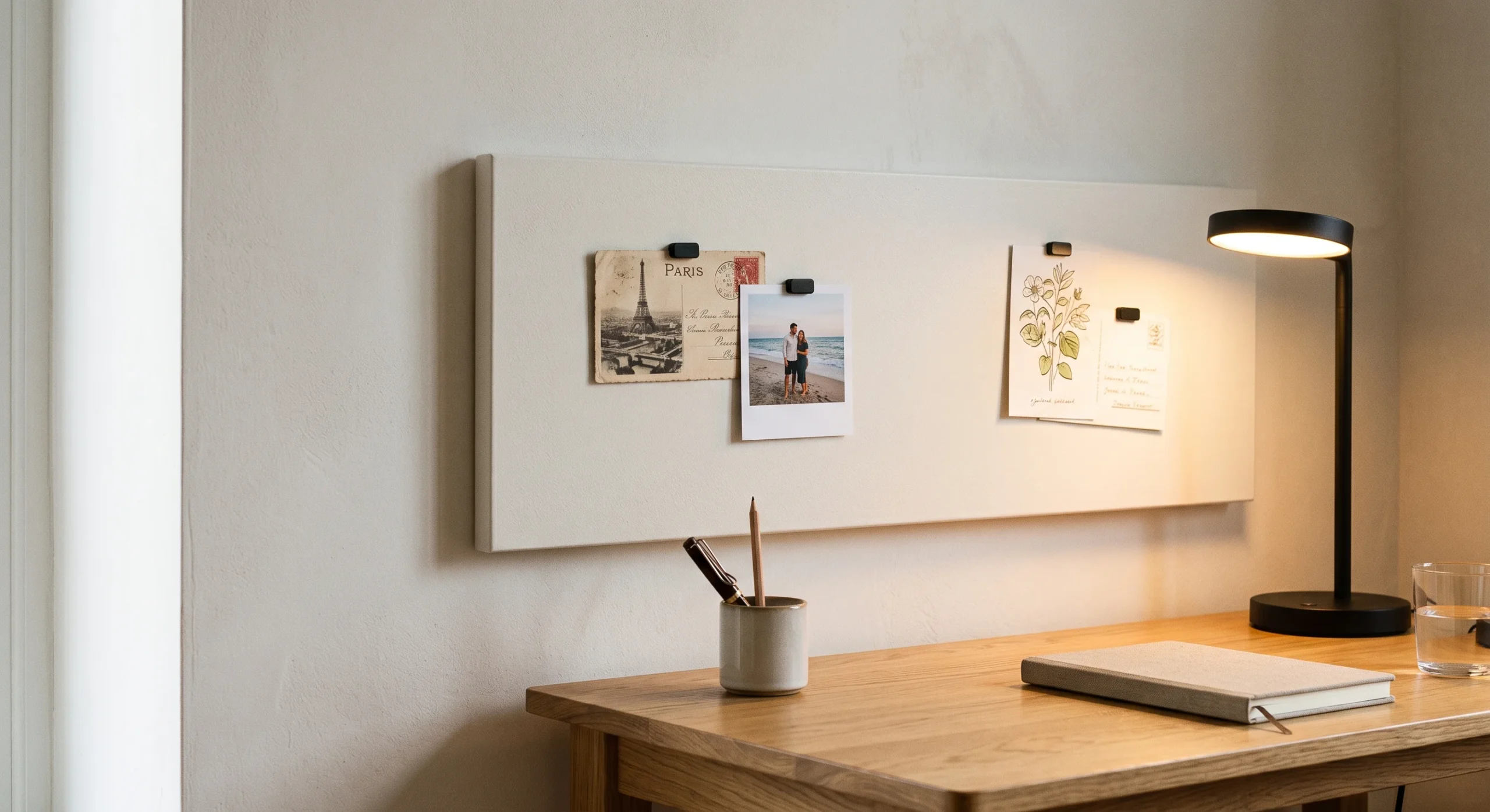 A slim magnetic panel painted to match a pale wall, mounted above a small desk, holding a few postcards and a photo with magnetic clips, soft desk lamp glow, close shot emphasizing the panel blending seamlessly into the wall.