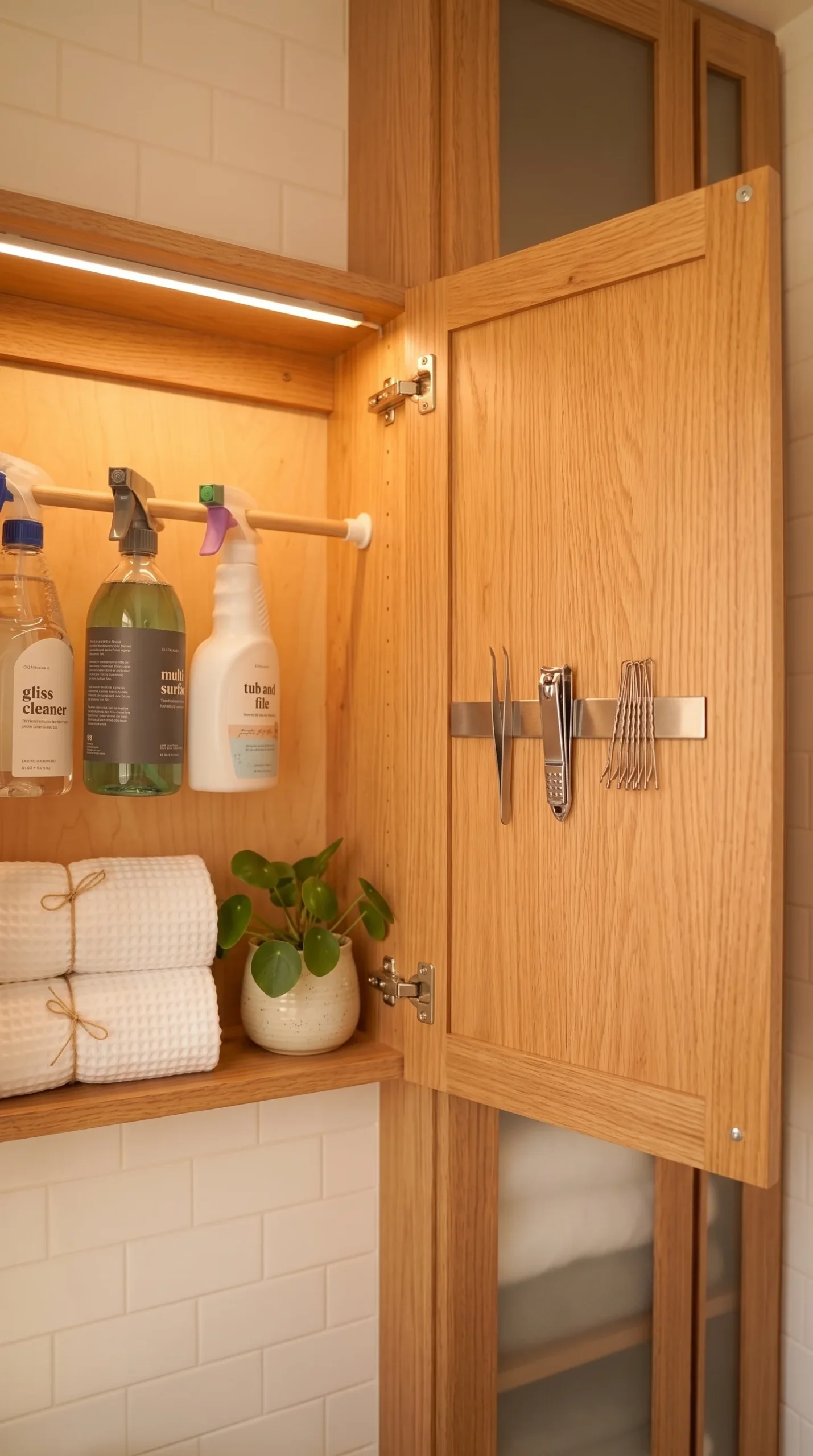 A magnetic strip mounted inside a medicine cabinet door, holding metal tweezers, nail clippers, and bobby pins, soft cabinet light, close overhead shot emphasizing the small metal tools held in place.