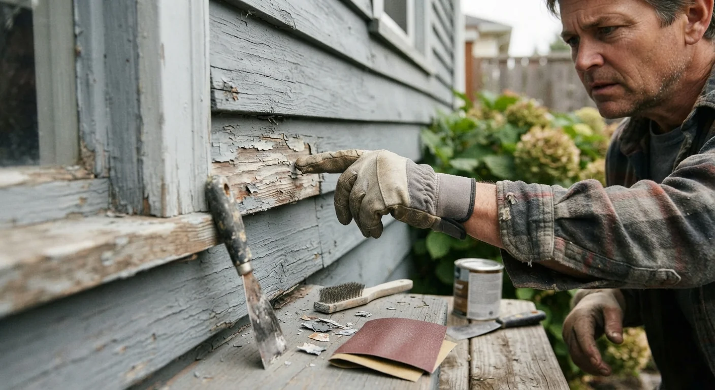 Close-up photograph of a homeowner inspecting exterior wood siding for wear, paint scraper and materials nearby, natural daylight, practical home-maintenance documentary photography composition.