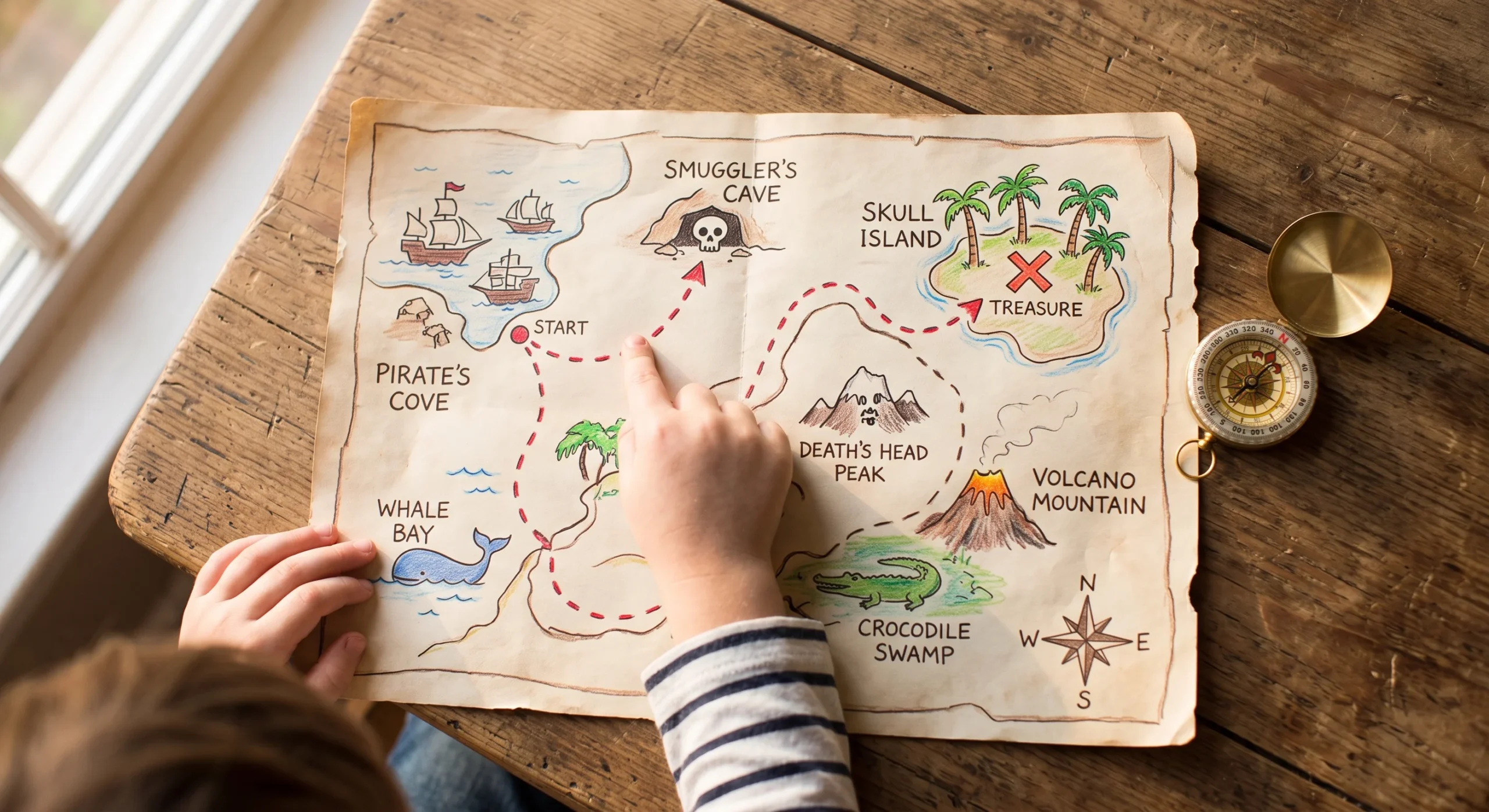 A simple hand-drawn treasure map spread on a table with a small compass and a child's finger tracing the route, warm afternoon light, close overhead shot emphasizing the map's illustrated landmarks and the tracing hand.
