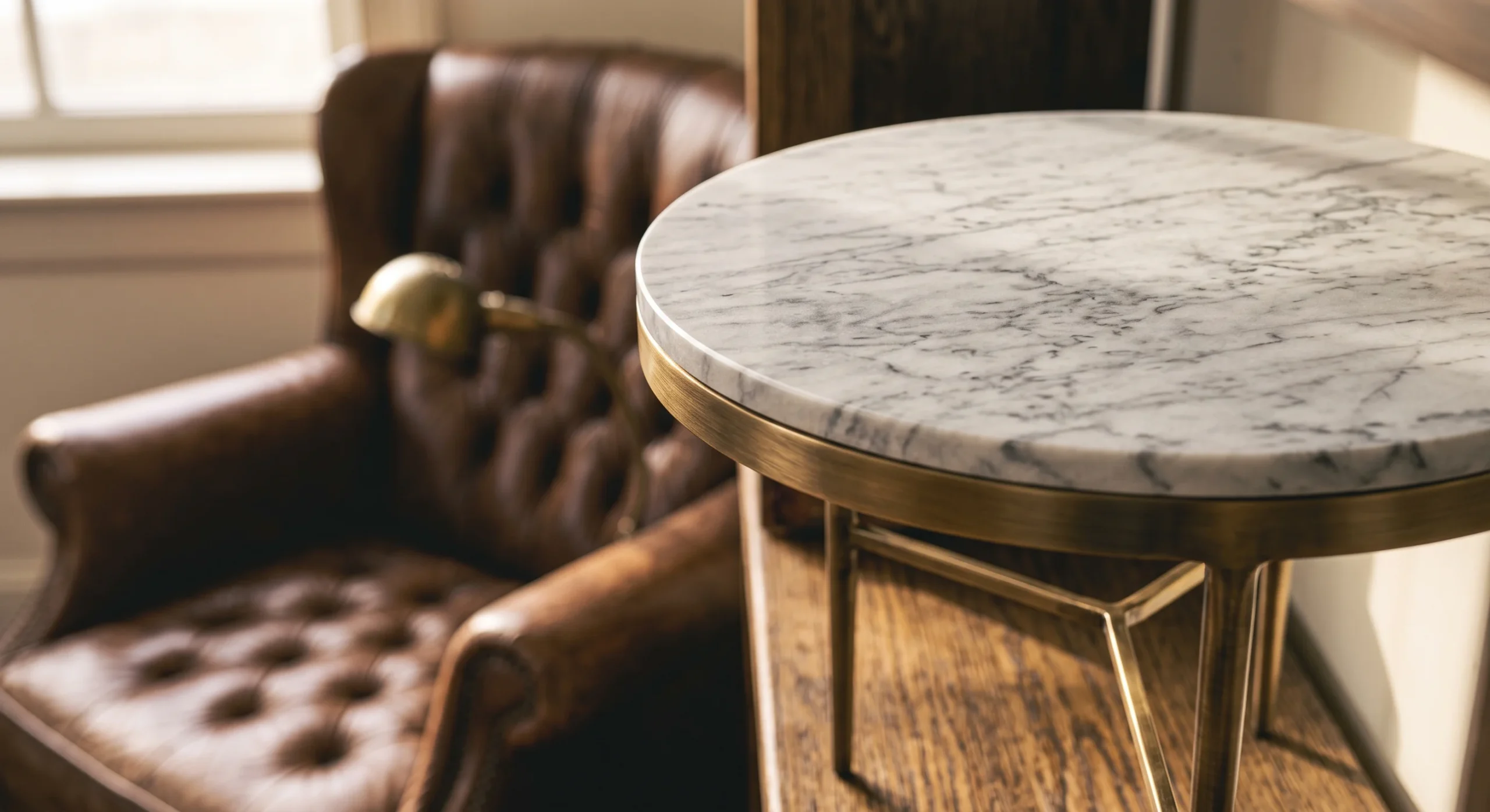 A round marble-top side table with a slender brass base beside a sofa, soft natural light highlighting the marble's natural veining, close angled shot emphasizing the contrast between the cool stone surface and warm brass legs.