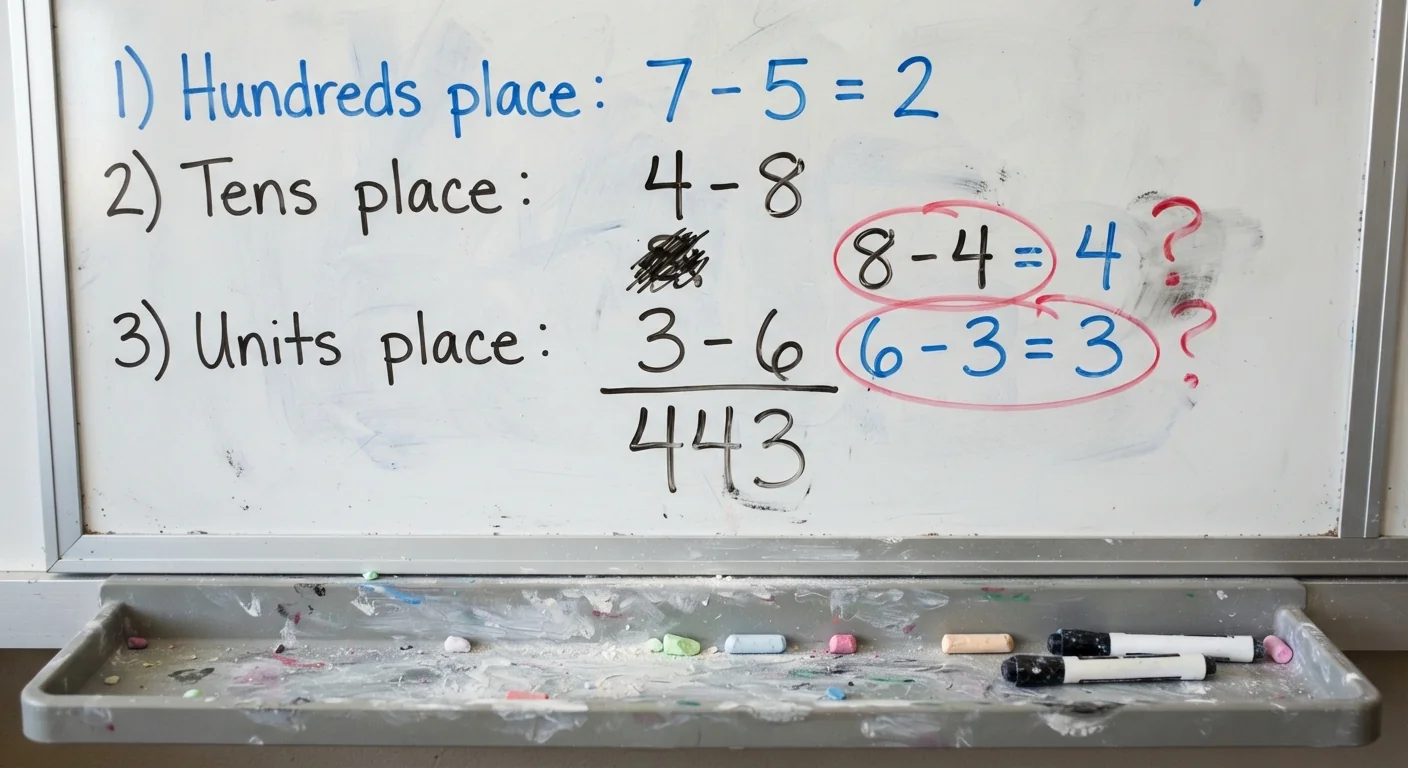 A whiteboard covered in a child's attempted math steps with one operation clearly reversed, chalk dust visible on the tray below, bright even daylight, close overhead shot emphasizing the reversed step in the working.