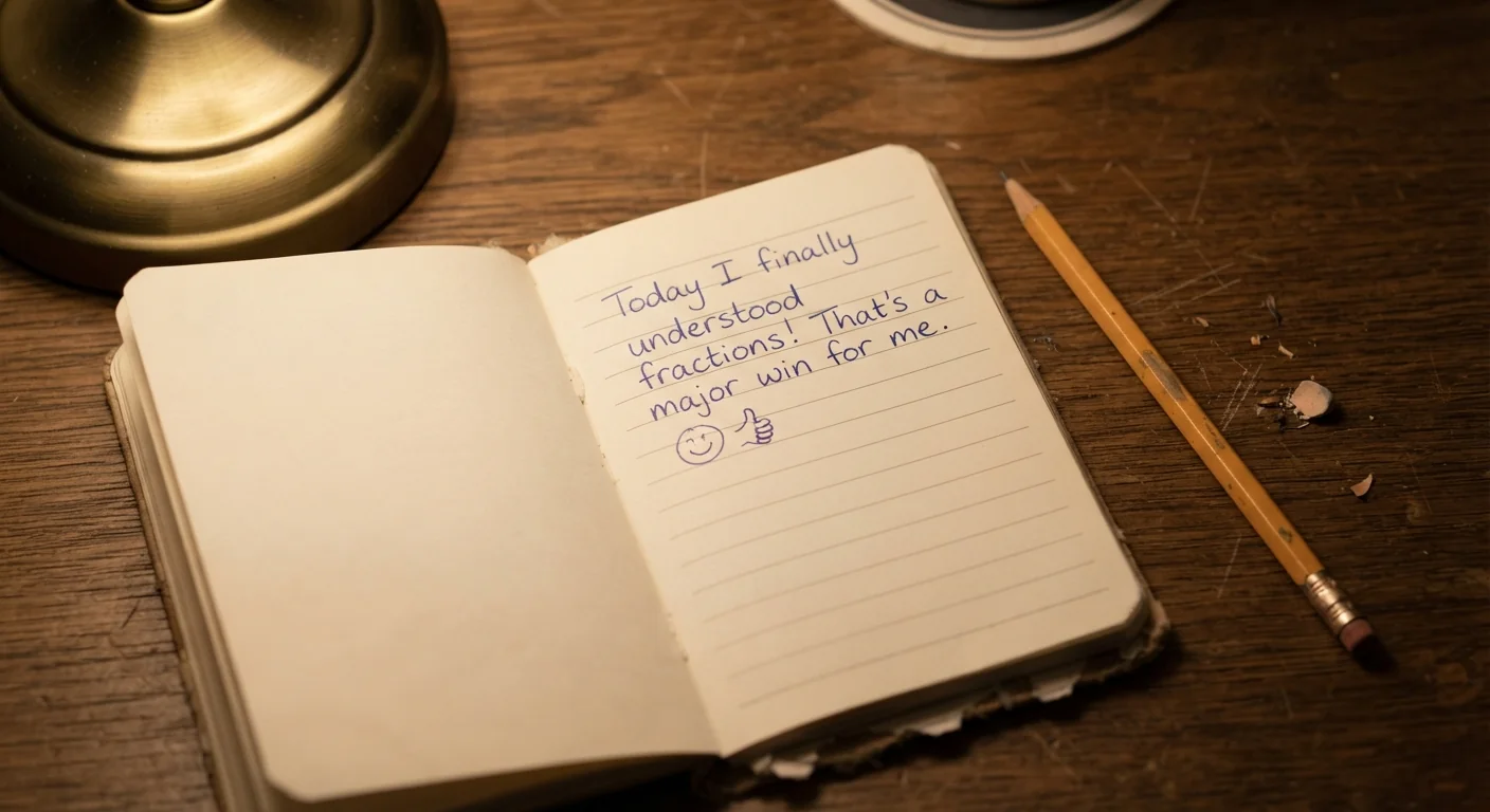 A small notebook open on a desk with a single handwritten sentence about a math win, a pencil resting beside it, warm evening lamp light, close overhead shot of the journal page.