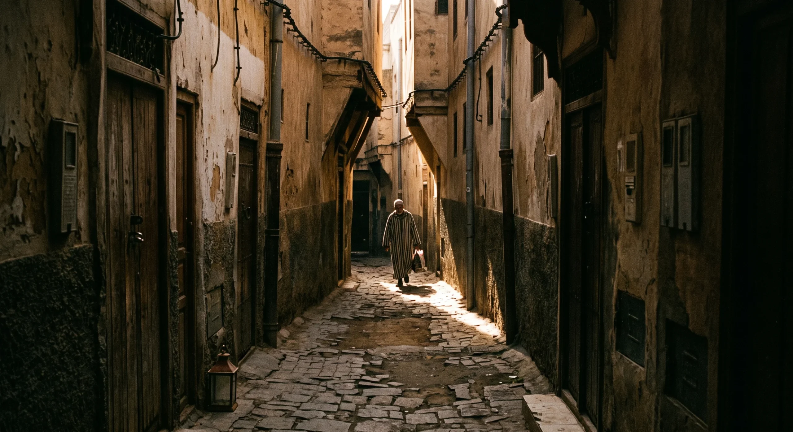 Narrow winding alley deep inside a Moroccan medina, high walls on both sides, a shaft of sunlight cutting through the shadow, a local resident walking ahead in the distance, atmospheric maze-like documentary composition.