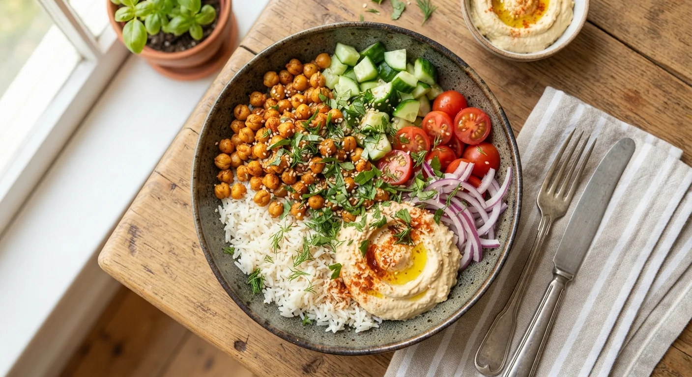 Overhead shot of a Mediterranean chickpea bowl with roasted chickpeas, cucumber, tomato, red onion, and a dollop of hummus over rice, fresh herbs scattered on top, bright natural light, fresh vegetarian food photography.