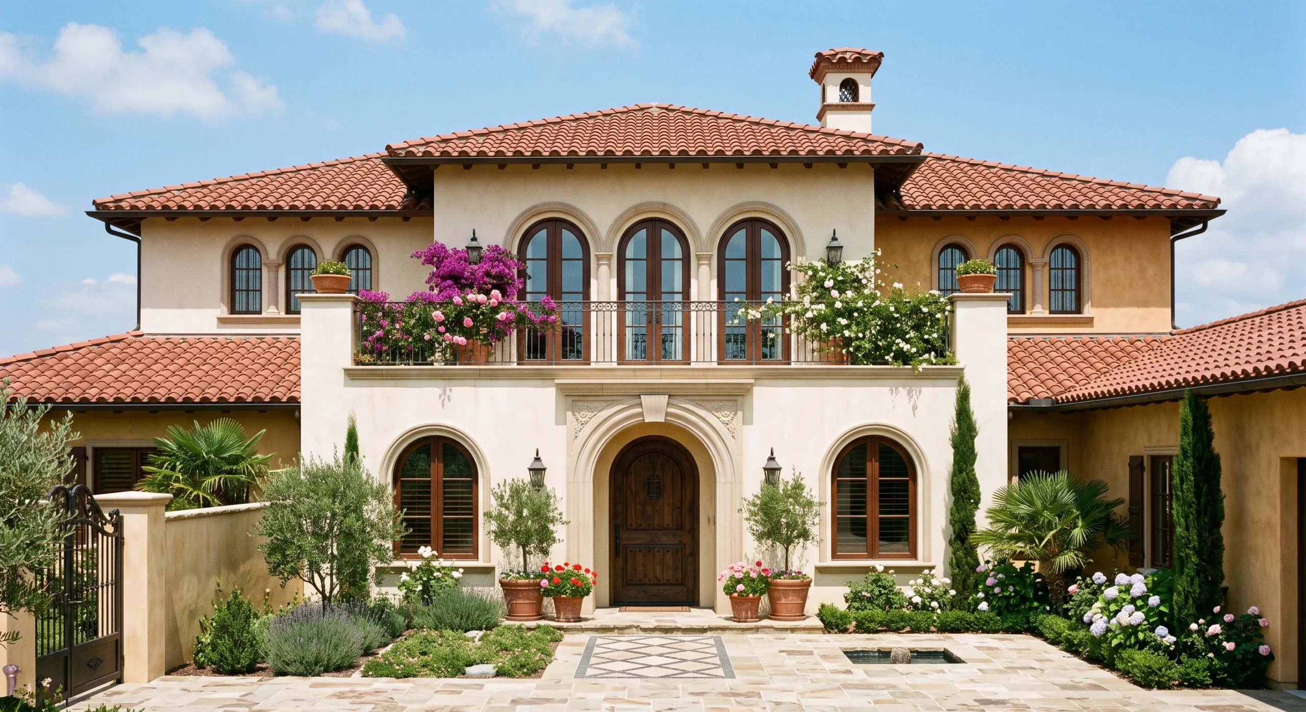 A Mediterranean-style villa with a red clay tile roof, smooth stucco walls in warm cream tones, arched doorways and windows, wrought iron balcony railings, bright midday sun, straight-on shot emphasizing the arched entry and tile roofline.