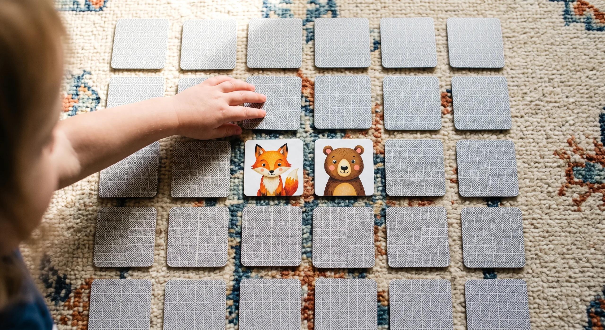 A grid of face-down memory matching cards spread on a rug, two matching cards flipped face-up showing colorful animal illustrations, a child's hand reaching for a third card, soft afternoon light, close overhead shot capturing the full grid.