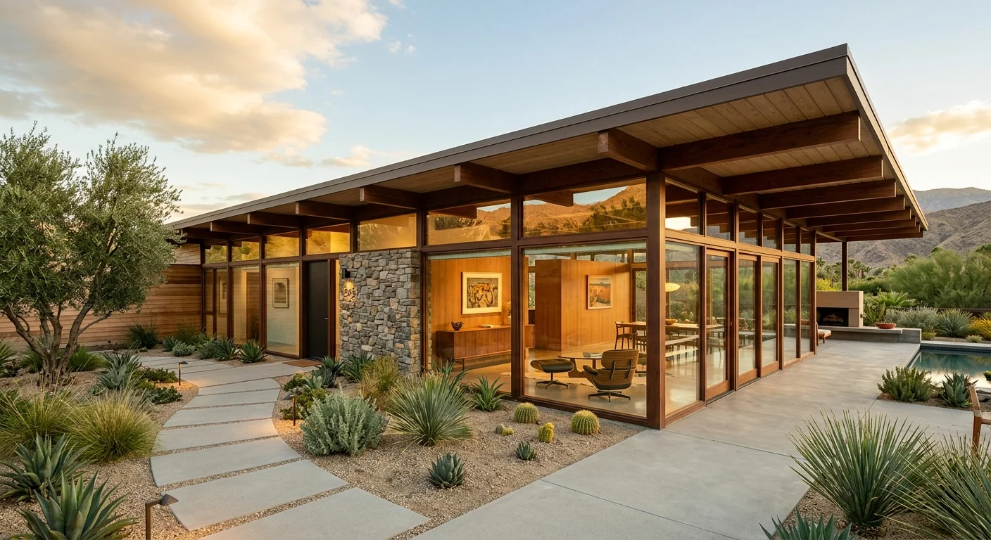A low horizontal Mid-Century Modern home with floor-to-ceiling glass walls, a flat overhanging roof, exposed wood beams, and a minimalist landscaped entry, warm late-afternoon light, wide angled shot emphasizing the indoor-outdoor glass line.
