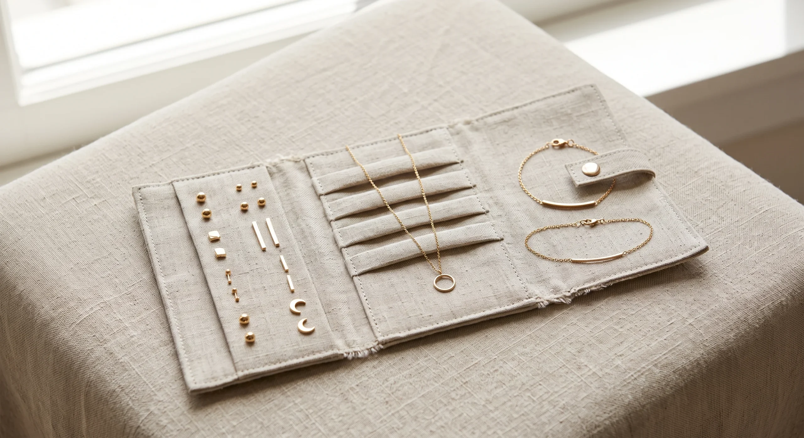 A small open jewelry roll displaying simple gold-tone studs, a thin chain, and a slim bracelet on a neutral fabric surface, soft natural light, close styled flat-lay composition emphasizing minimal, versatile pieces.