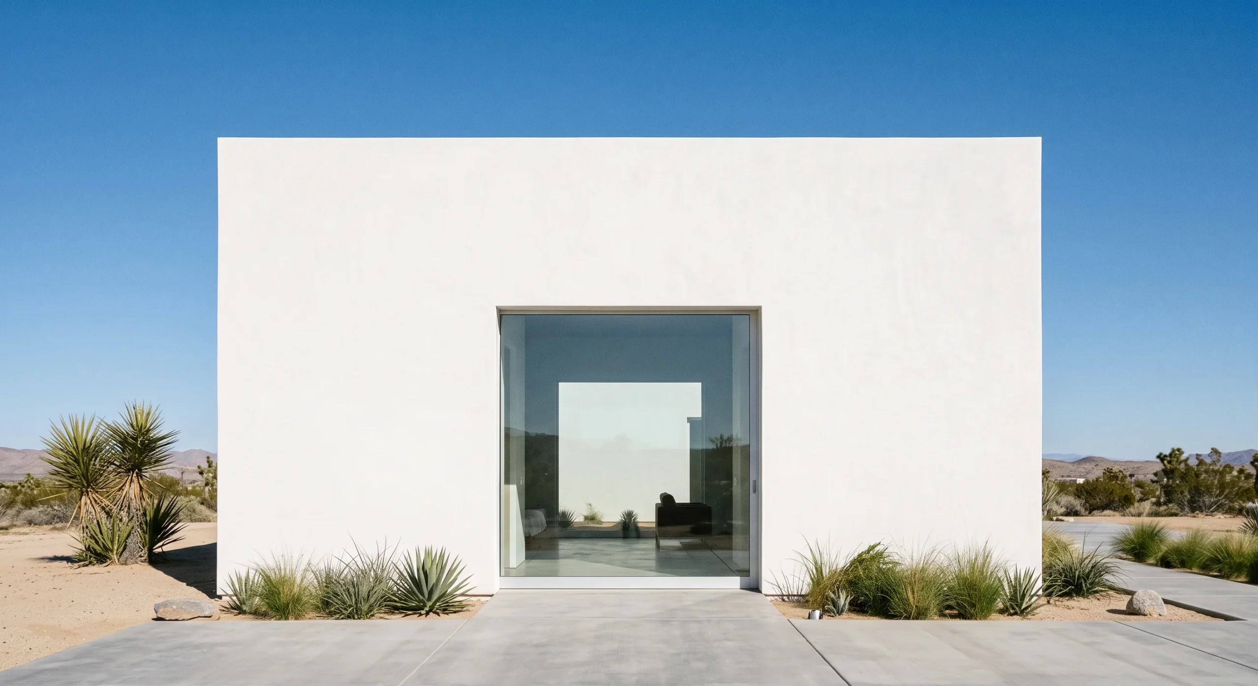 A Minimalist Modern home with a smooth white stucco cube form, a single flat unadorned roofline, one large frameless glass opening, no visible trim or ornament, crisp bright daylight, straight-on shot emphasizing the pure geometric simplicity.