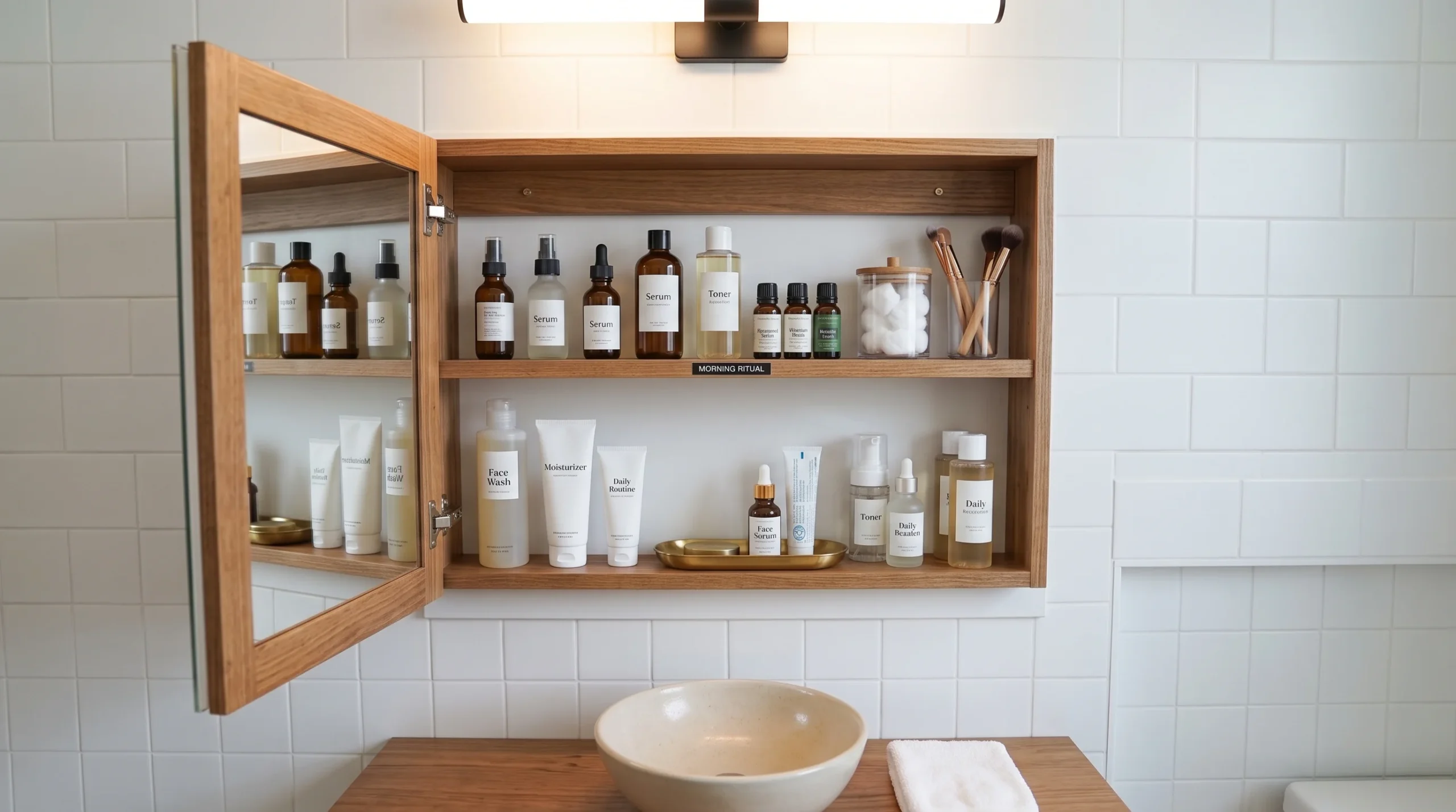 An open mirrored medicine cabinet built into the wall above a vanity, neatly organized with skincare bottles and a small tray, soft even light reflecting off the mirror surface, straight-on shot emphasizing the recessed depth.