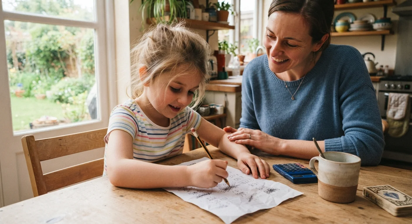 A child erasing a crossed-out answer on scratch paper with a relaxed expression, a parent nodding encouragingly nearby, warm afternoon light, close three-quarter angle capturing the casual, low-pressure mood.