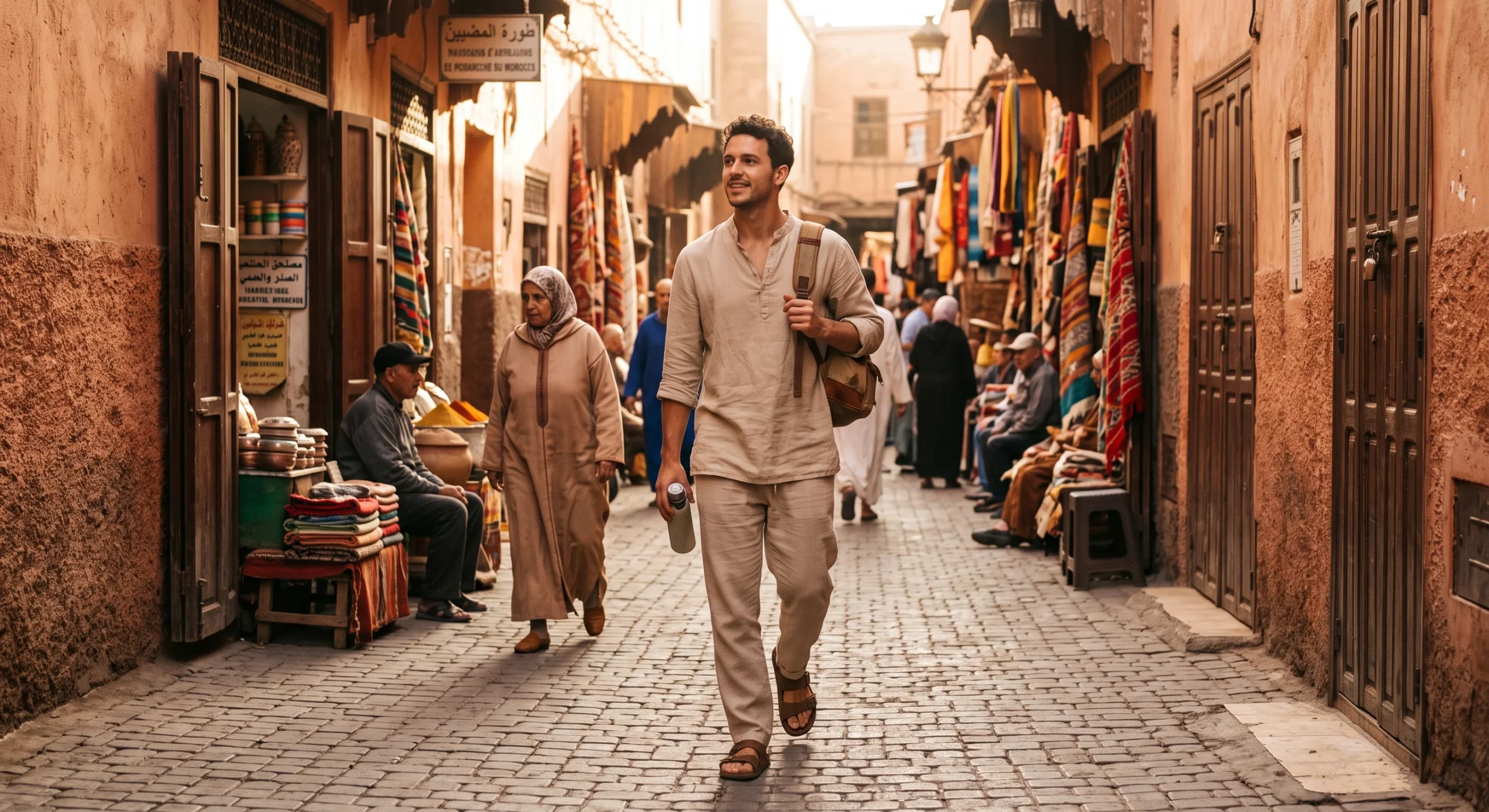 Full-length shot of a traveler wearing loose, lightweight linen clothing walking through a sunny medina street, shoulders and knees covered, warm dusty terracotta tones, natural candid travel photography composition.