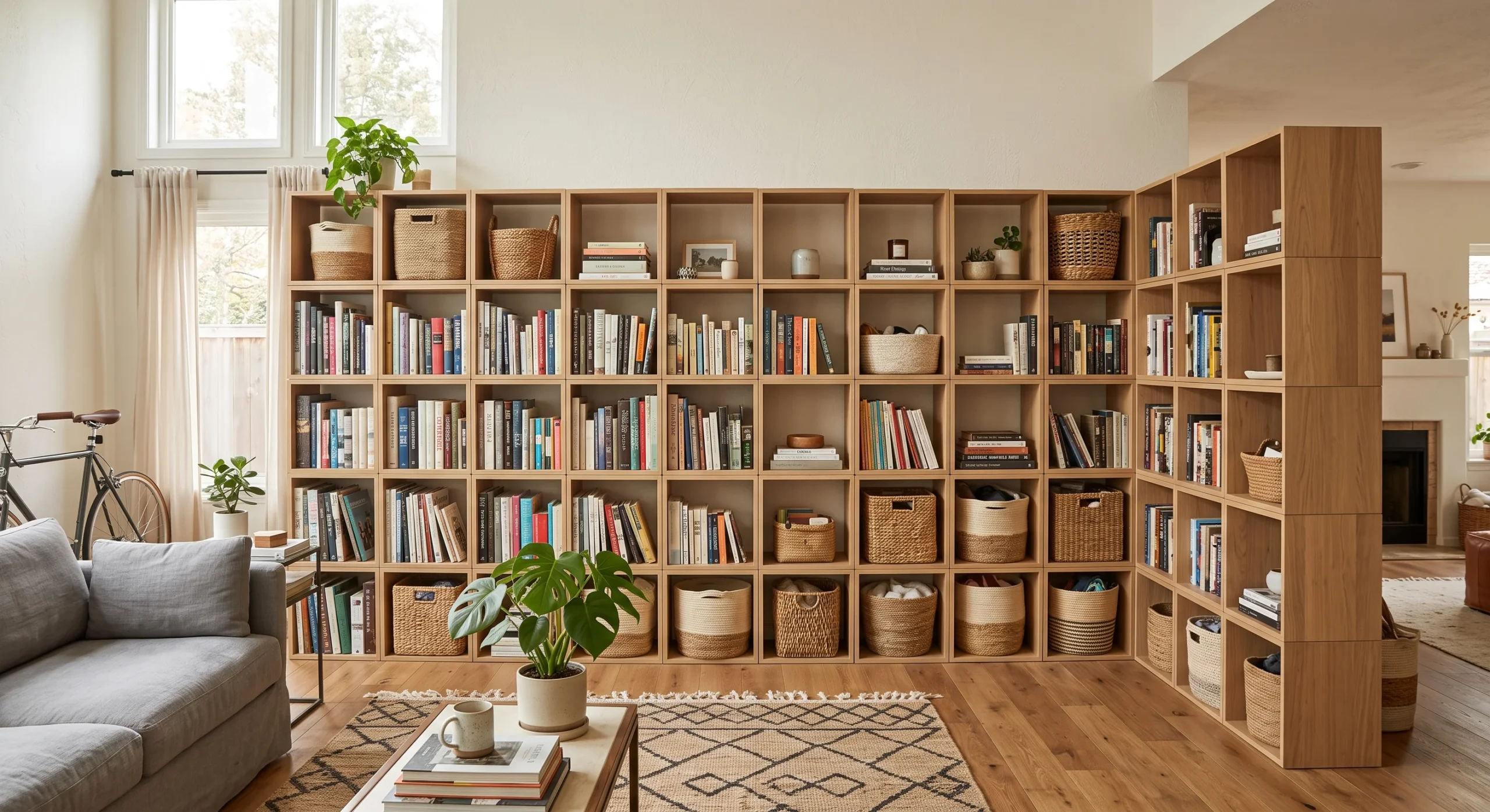 A modular grid of open cube shelving units stacked into an L-shape against a living room wall, mixed with woven baskets and books in some cubes, soft afternoon light, wide shot showing the full modular arrangement.