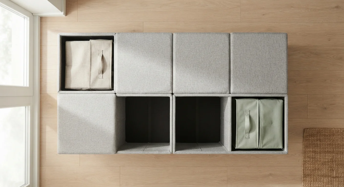 Overhead flat-lay of modular storage cubes arranged into a low bench shape, folded fabric bins tucked inside two of the cubes, soft natural window light across the neutral fabric surfaces.