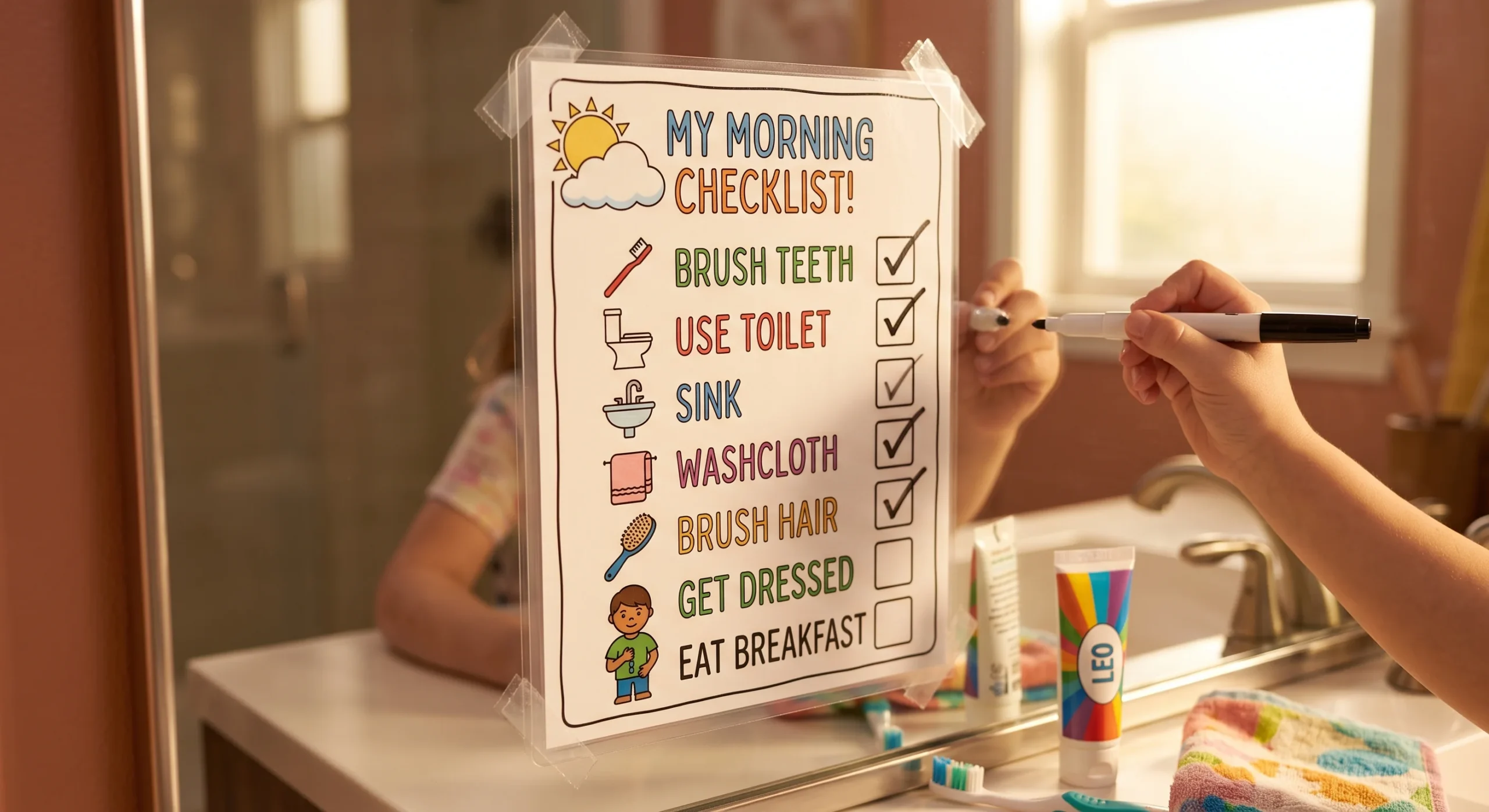 A laminated morning checklist taped to a bathroom mirror with a few items checked off in dry-erase marker, warm early light, close shot emphasizing the checklist and the marked progress.