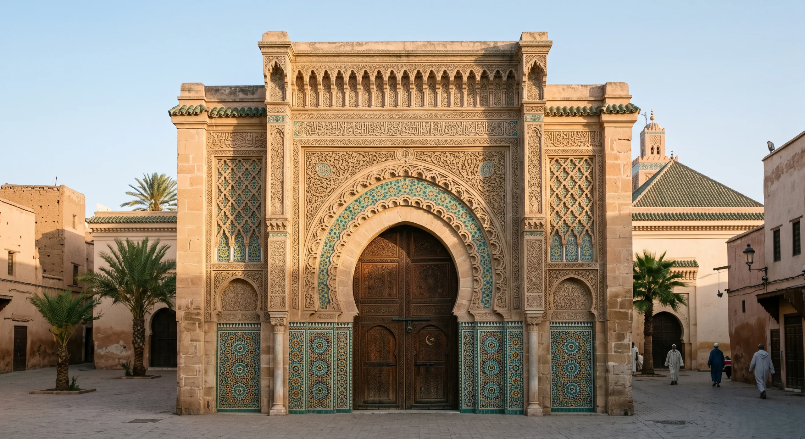 Exterior shot of an ornate Moroccan mosque facade with intricate zellige tilework, a closed wooden door, soft afternoon light casting shadows across the carved stonework, respectful distant documentary composition with no interior view.
