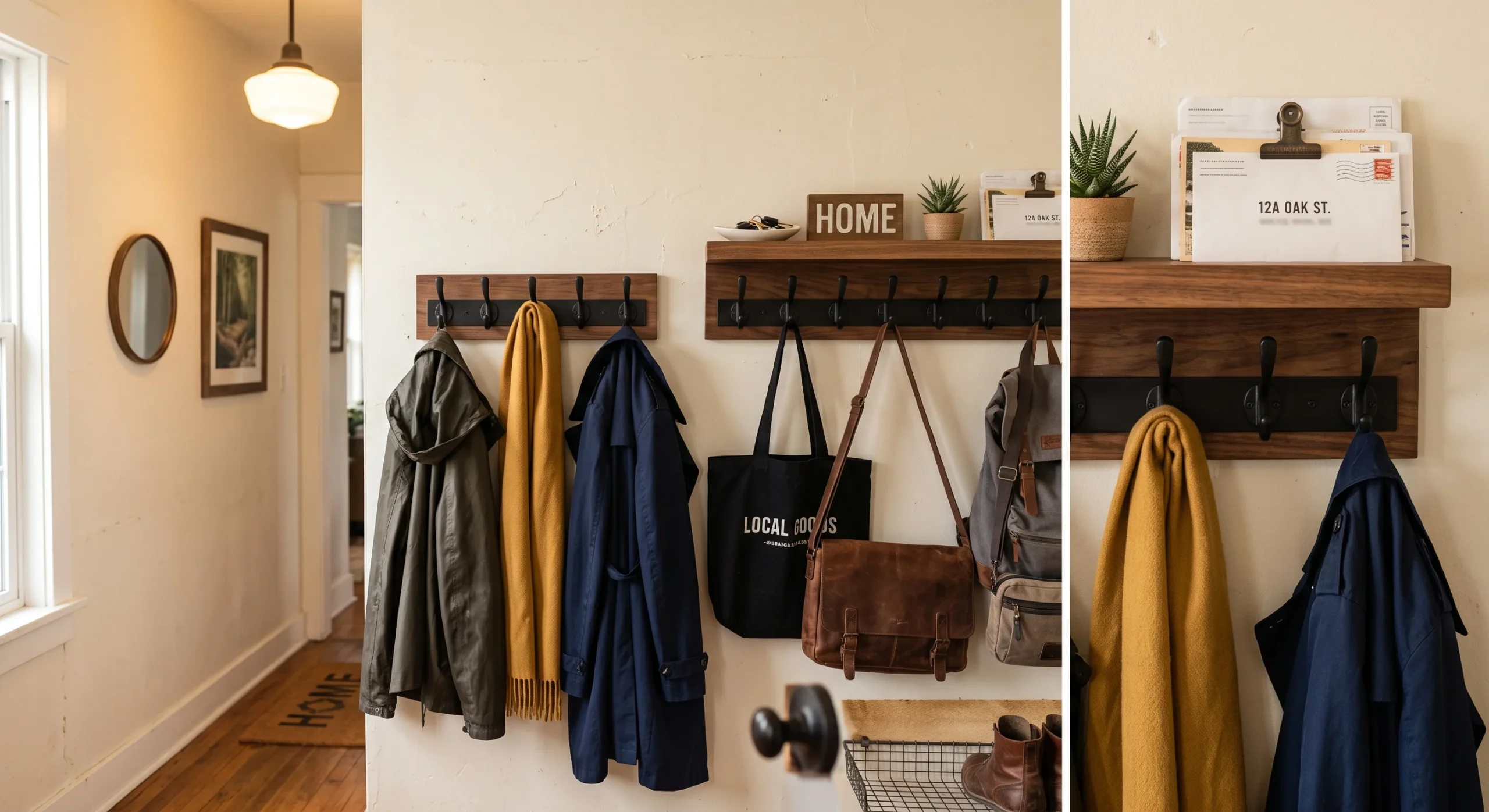 A wall-mounted entry rack with multiple hooks holding coats, bags, and a scarf, a small shelf above for keys and mail, warm entryway light, close straight-on composition emphasizing the organized entry zone.