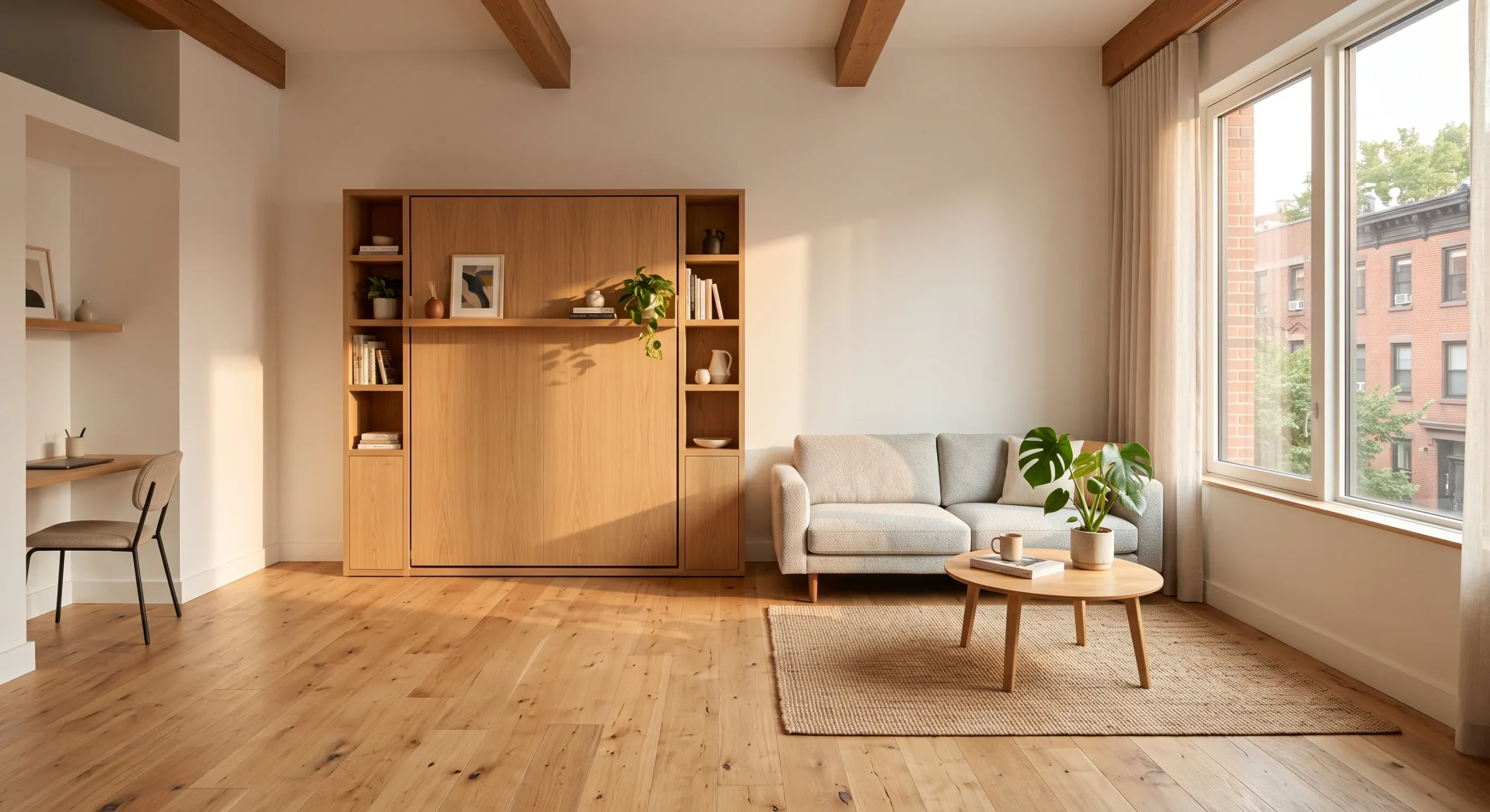 A wall-mounted Murphy bed folded up into its cabinet housing, revealing a fully open living space with a small sofa and rug beneath, warm afternoon light, wide architectural interior shot emphasizing the reclaimed floor area.