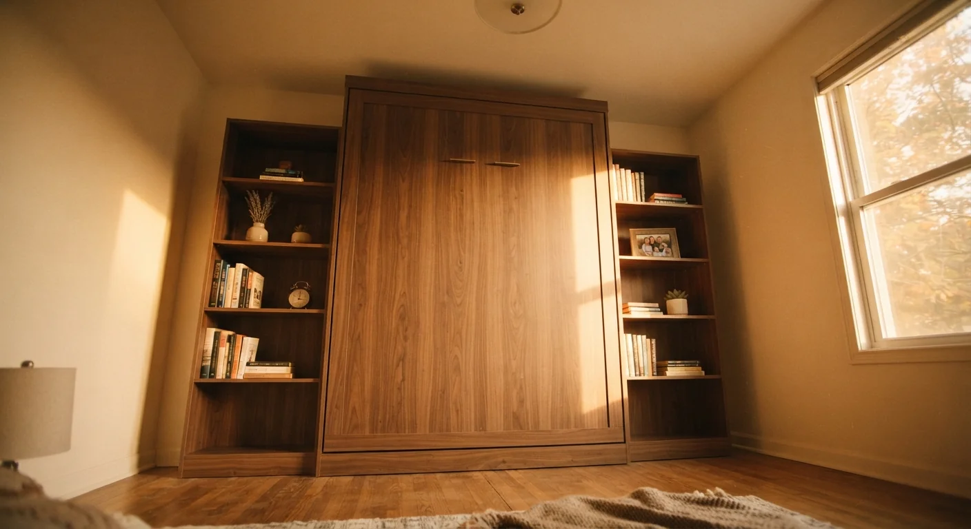 Low-angle shot looking up at a Murphy wall bed folded upright into its cabinet, revealing built-in shelving on either side, golden-hour warm light streaming through a nearby window.