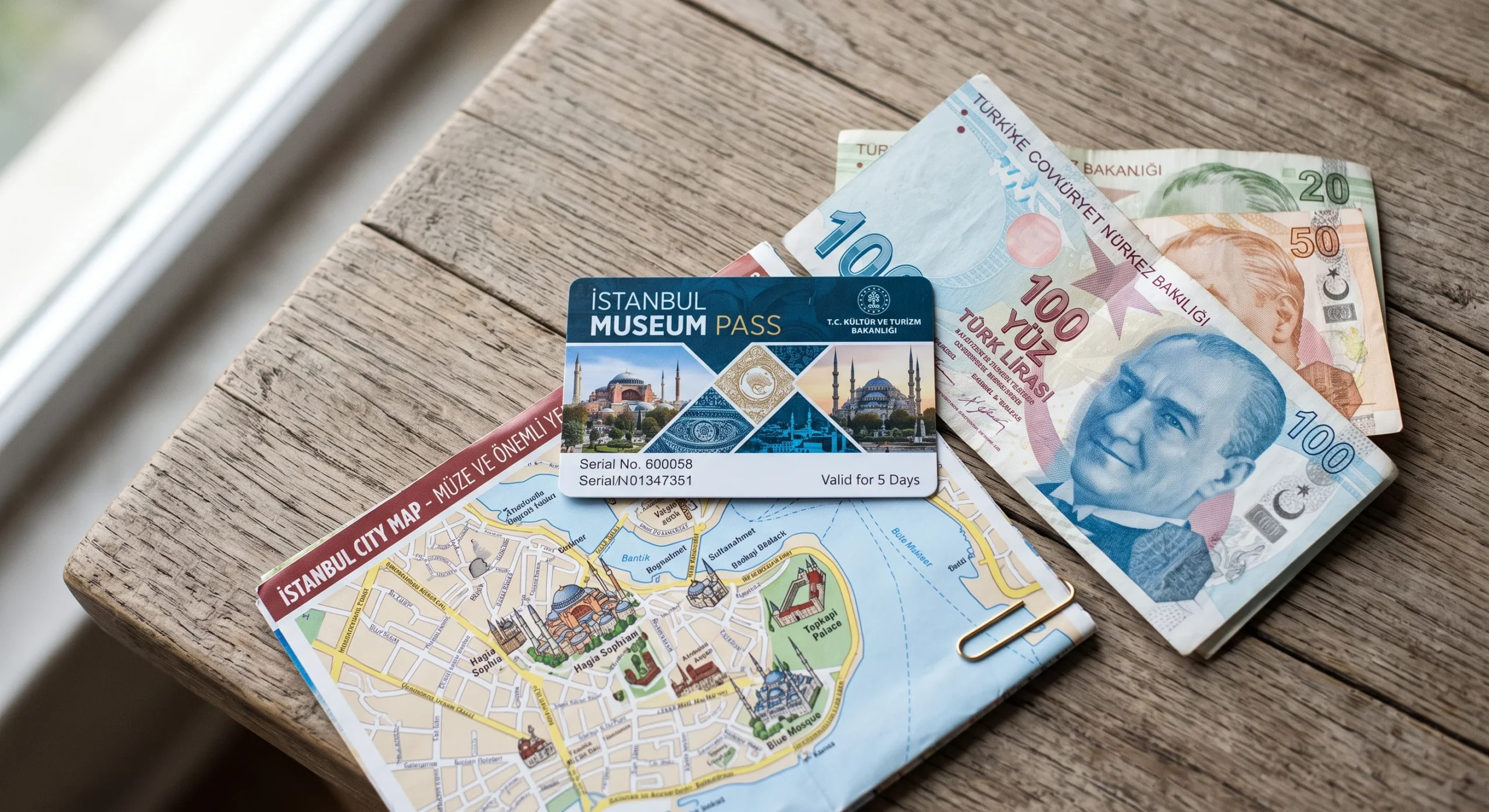 Close-up flat lay of an Istanbul Museum Pass card next to a handful of Turkish lira notes and a small city map, soft desk lighting from a window, neutral wood table surface, editorial product-style composition.