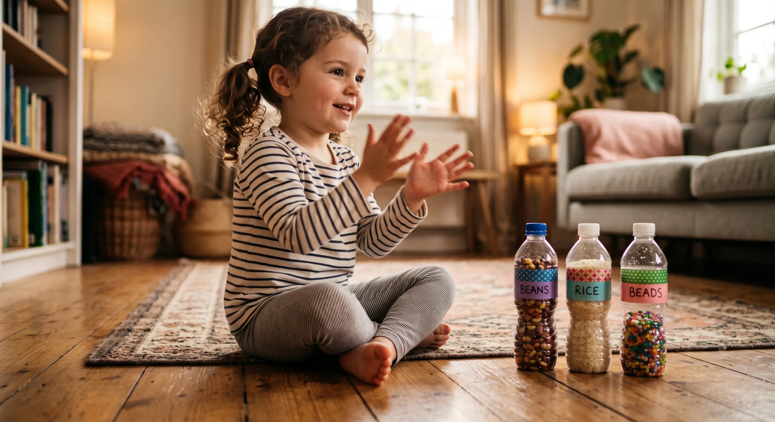 A child clapping along to a rhythm pattern beside a set of homemade shakers made from filled plastic bottles, warm living room light, close angled shot capturing the motion of clapping hands and the shakers on the floor.