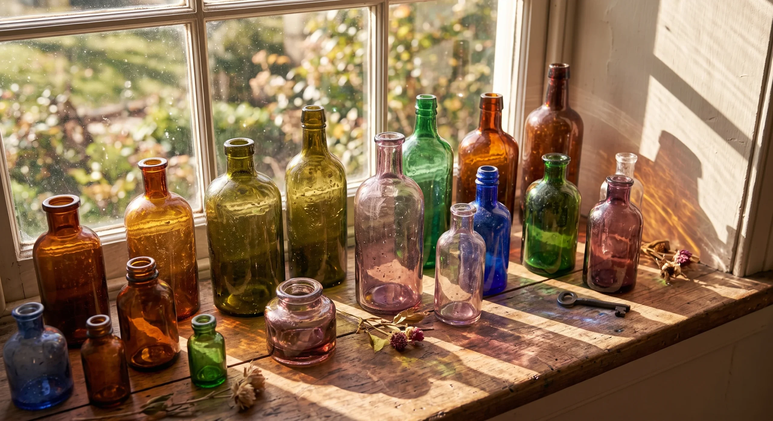 A collection of home accessories in terracotta, sage, and sand tones arranged on a low shelf, warm afternoon light, close overhead shot emphasizing the cohesive earthy color relationships.