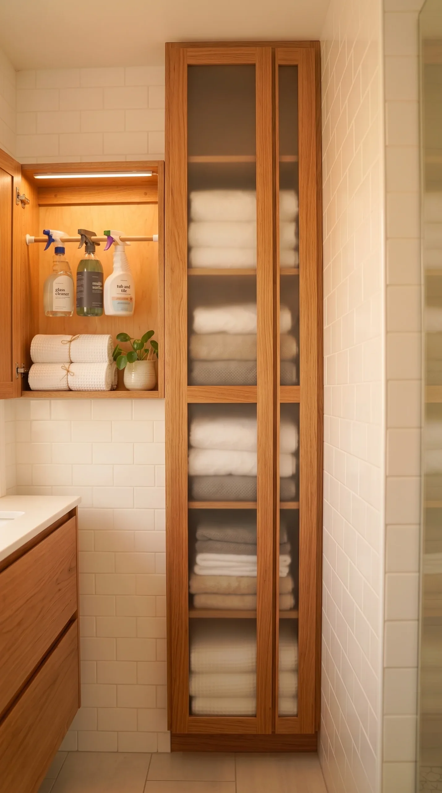 A tall slim linen storage tower fitted into a narrow gap between a vanity and the wall, stacked with folded towels behind glass-paneled doors, warm afternoon light, straight-on shot emphasizing the tower's narrow footprint and full height.