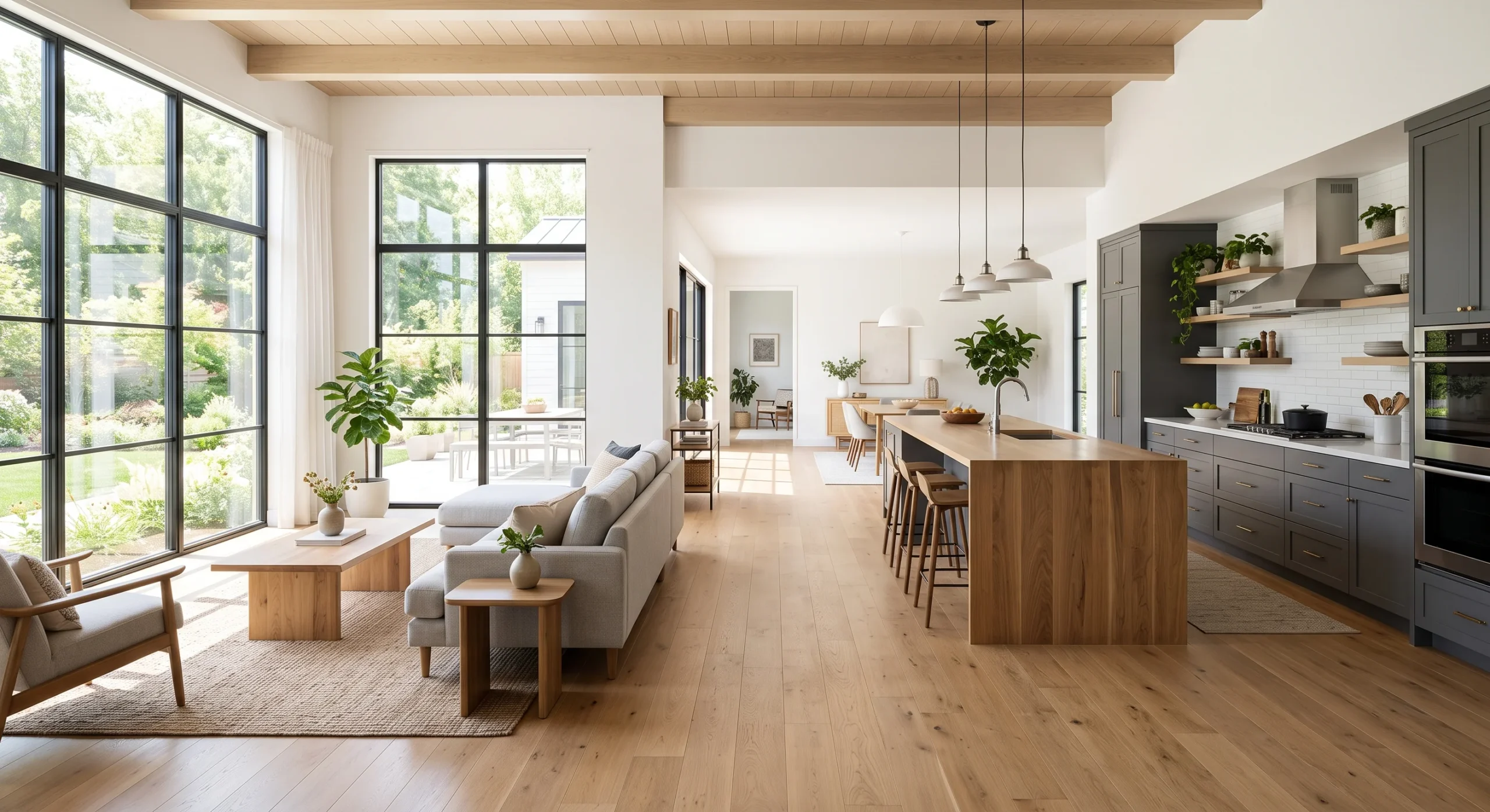 A bright open floor plan where daylight from a single large window at one end reaches all the way to the far kitchen wall, soft even light, wide interior shot emphasizing how far the light travels uninterrupted.
