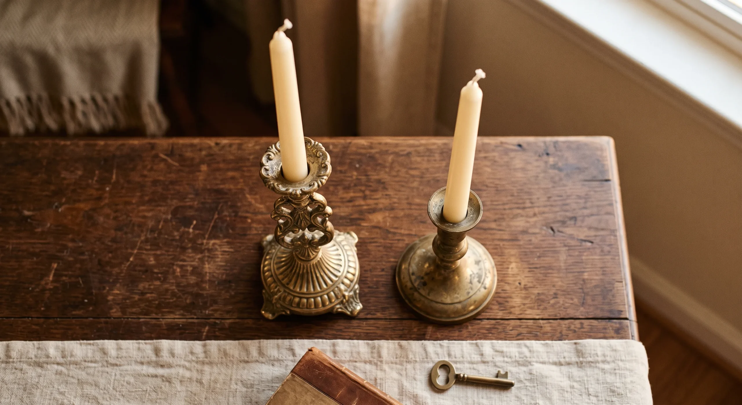 A warm oak side table beside a low sofa, natural wood grain visible under soft raking light, minimal styling with one small ceramic object on top, close angled shot emphasizing the grain texture.