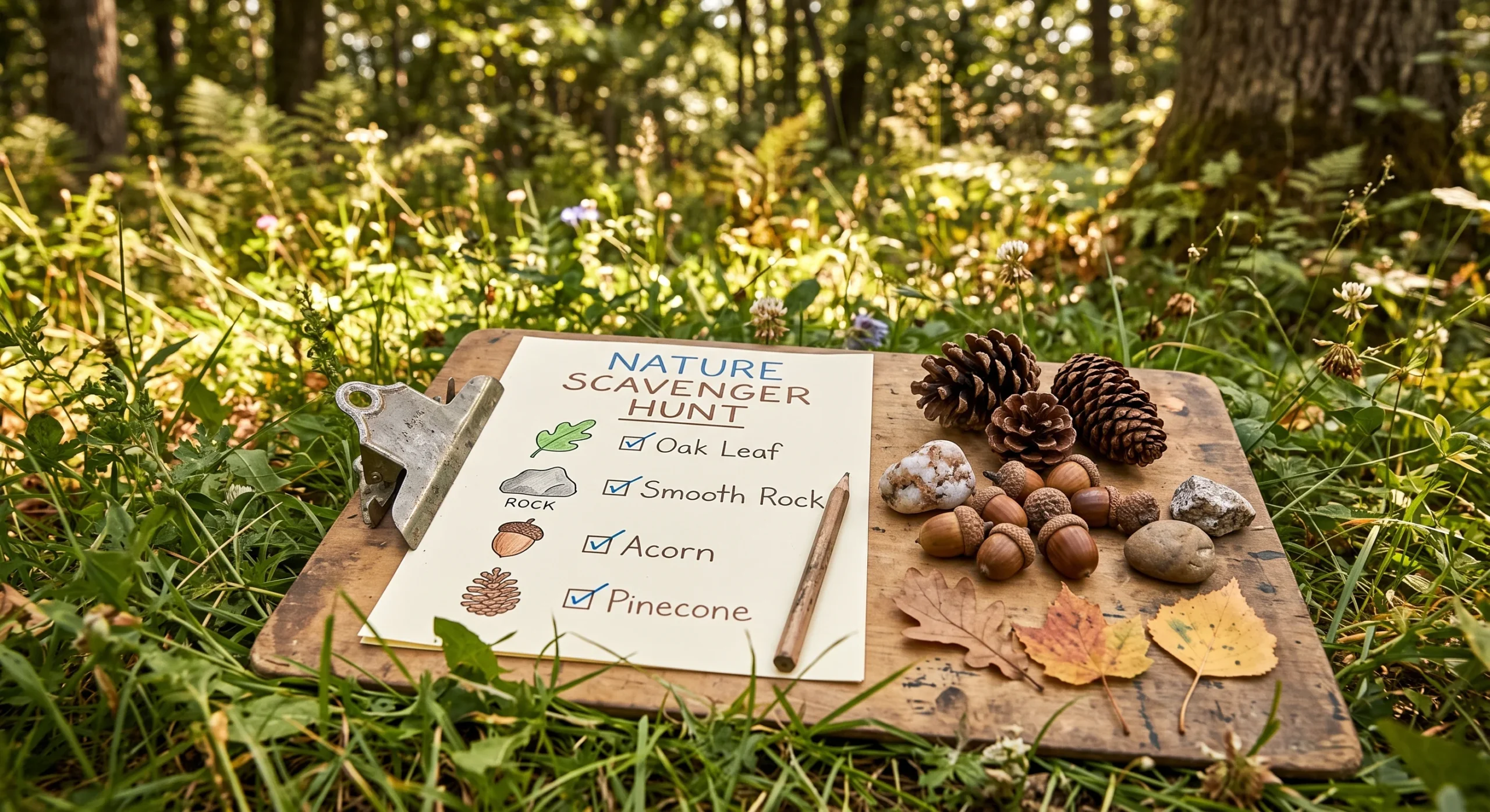 A child's checklist clipboard with hand-drawn leaf and rock icons resting on grass beside a small collection of pinecones and acorns, dappled sunlight through trees, close ground-level shot emphasizing the collected natural items.