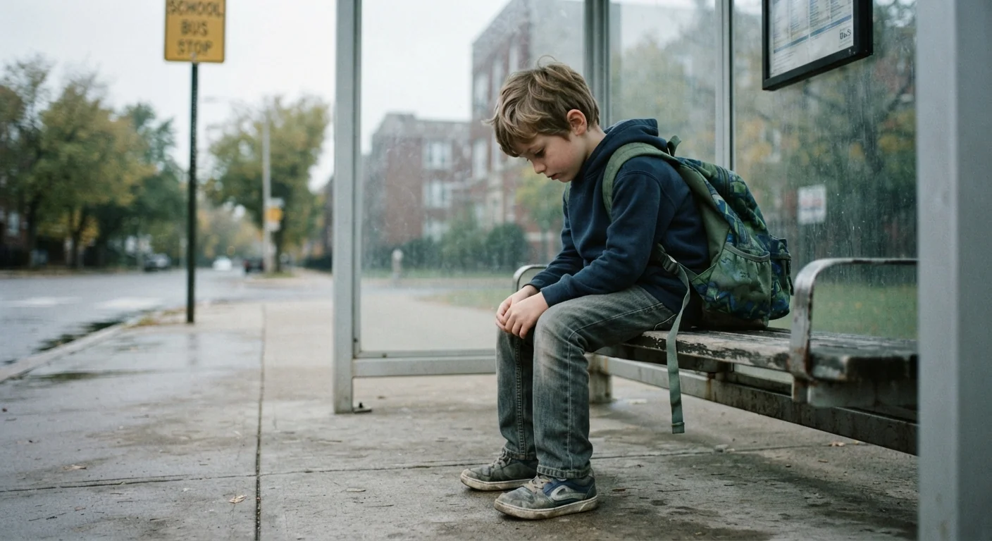 A child sitting on a bus stop bench with a downcast expression, backpack straps loosely hanging off one shoulder, overcast diffused morning light, eye-level shot emphasizing the tired, discouraged posture before the school day begins.