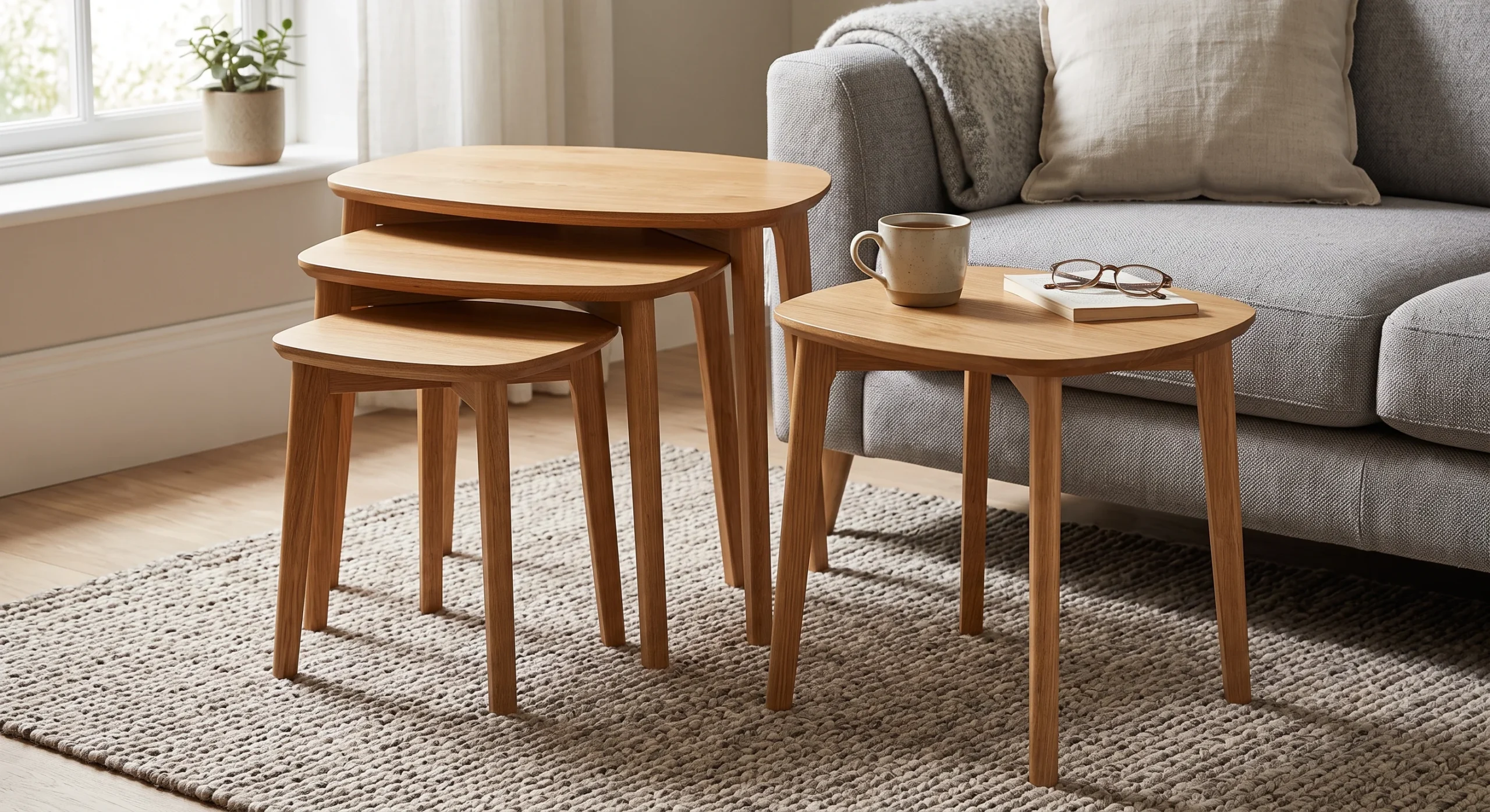 A set of three nesting wood side tables partially stacked into each other beside a sofa, one pulled out and in use as a coffee table, soft natural light, close compositional shot emphasizing the tables' varying sizes and stacked footprint.