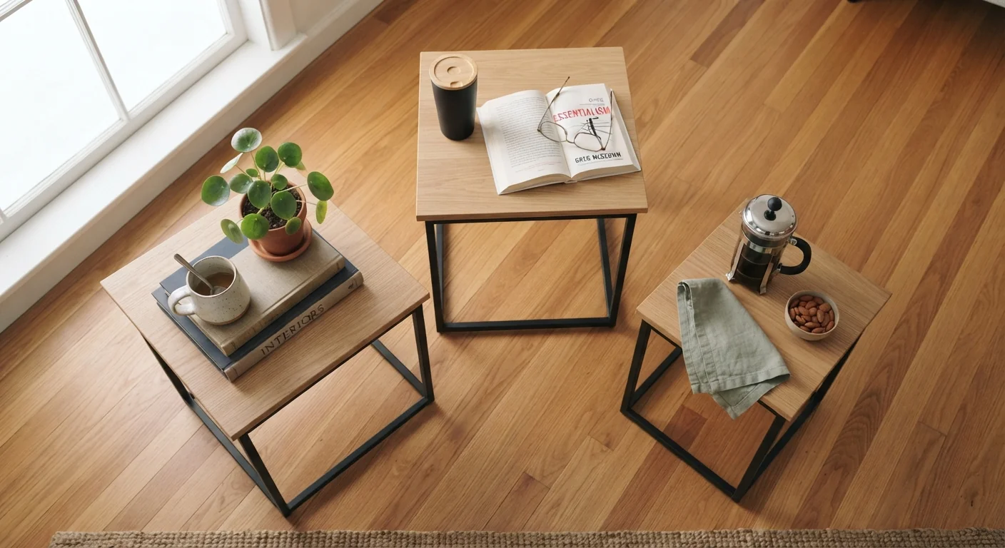 Overhead flat-lay of nesting side tables shown separated and spread apart, coffee cups and a book on each surface, overcast diffused daylight softening the wood and metal frame textures.