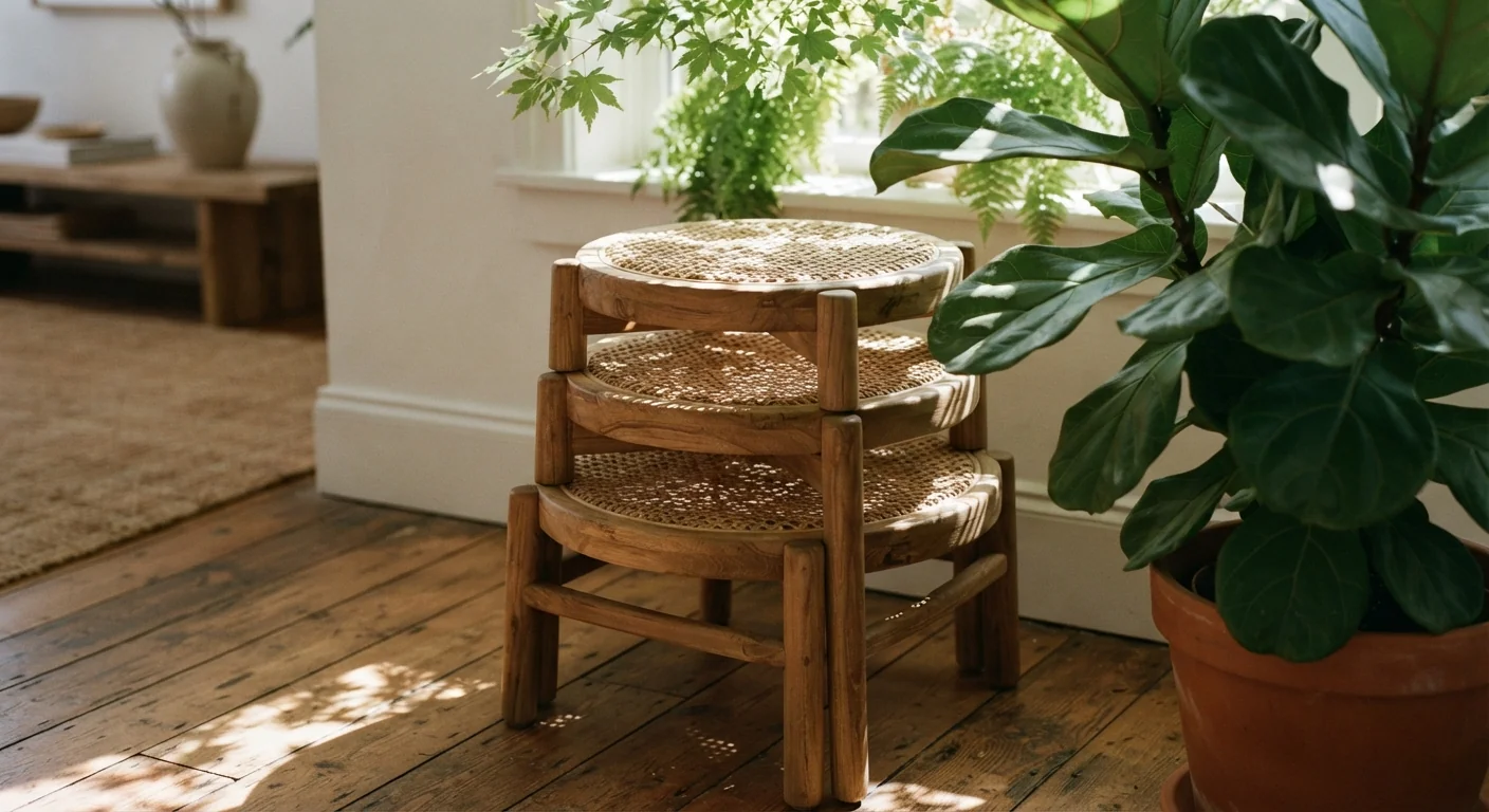 Three-quarter angle shot of nesting stools stacked into a small tower beside a plant, dappled light through leaves falling across the wood and rattan textures of each stool.