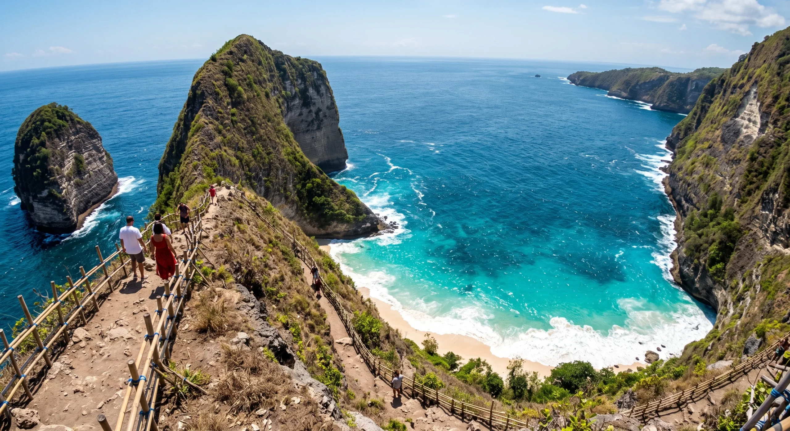 A dramatic cliffside viewpoint overlooking Kelingking Beach's curved bay, turquoise water far below, a steep dirt path visible cutting down the cliff face, bright midday sun, wide sweeping aerial-feeling composition emphasizing the scale of the drop.