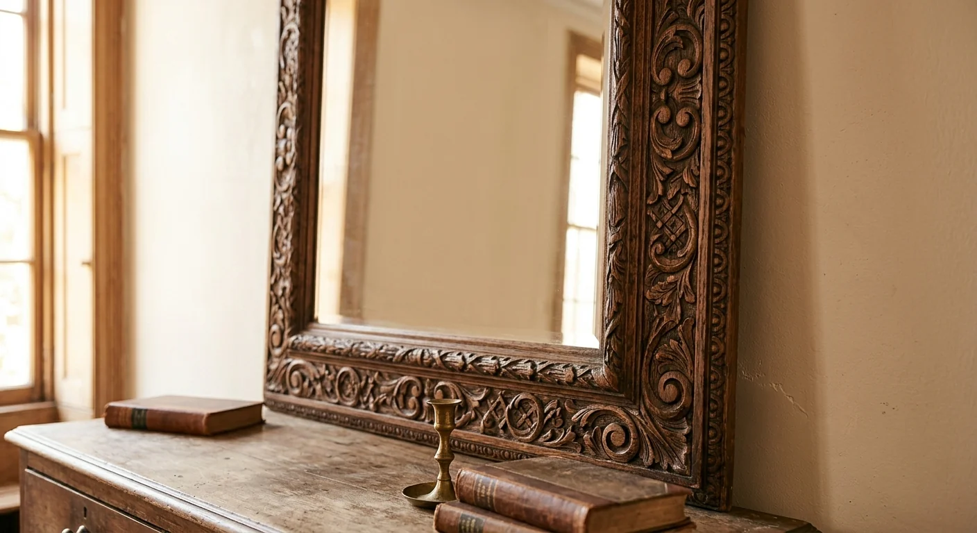 An asymmetrical, organically shaped mirror mounted above a low console, soft natural light reflecting off its irregular surface, close angled shot emphasizing the mirror's unique, freeform silhouette.